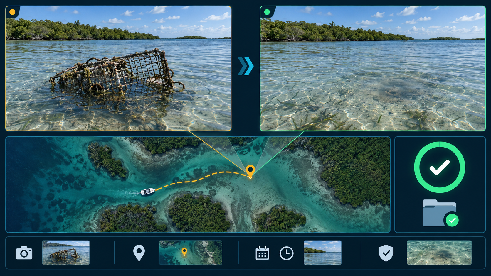 Before-and-after recovery record showing submerged debris removed, GPS location, and completed status