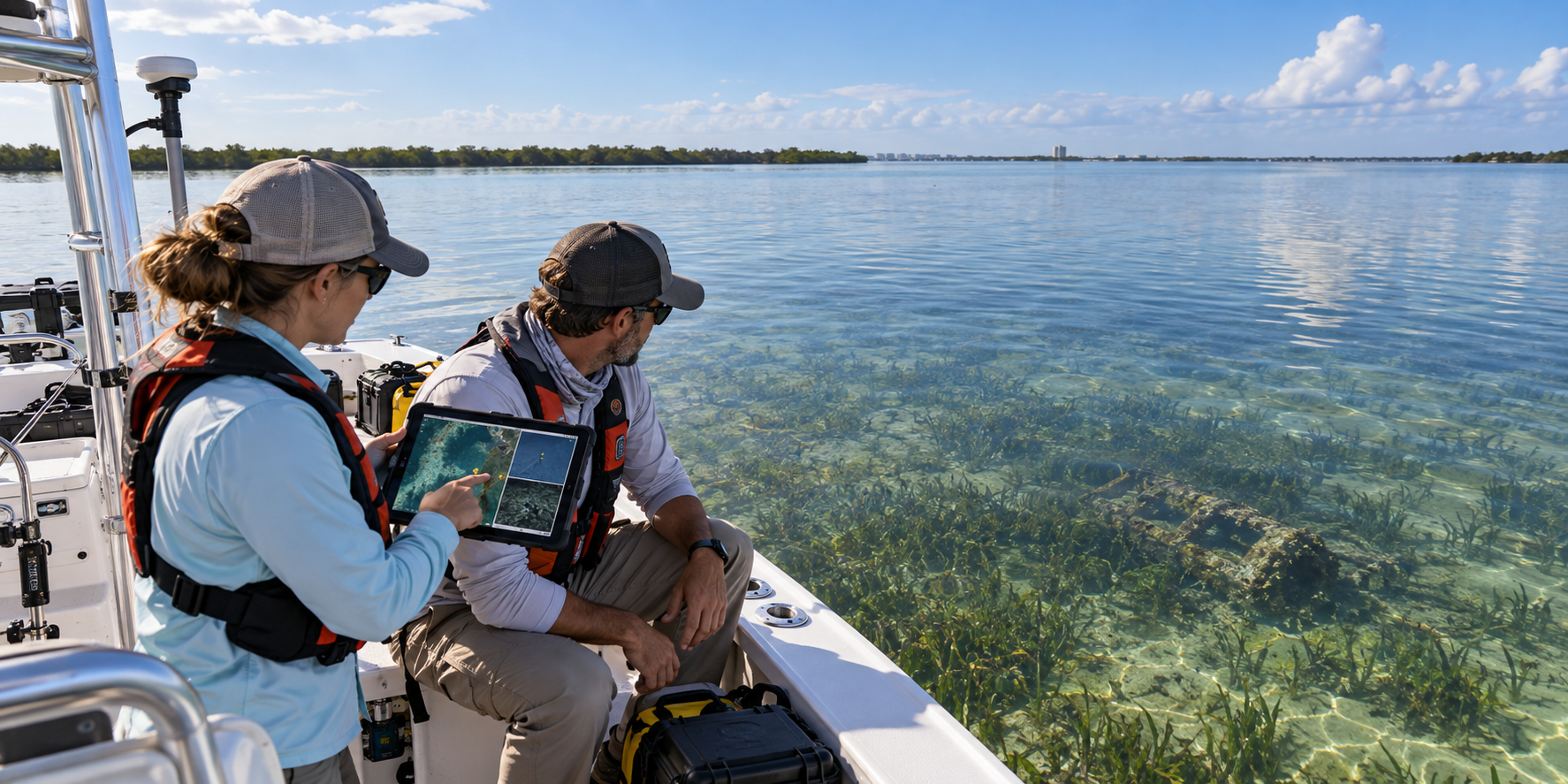 Two SCWS team members on a boat reviewing sonar and survey data on a tablet over clear Indian River Lagoon water with visible seagrass, planning a responsible recovery before any action is taken.
