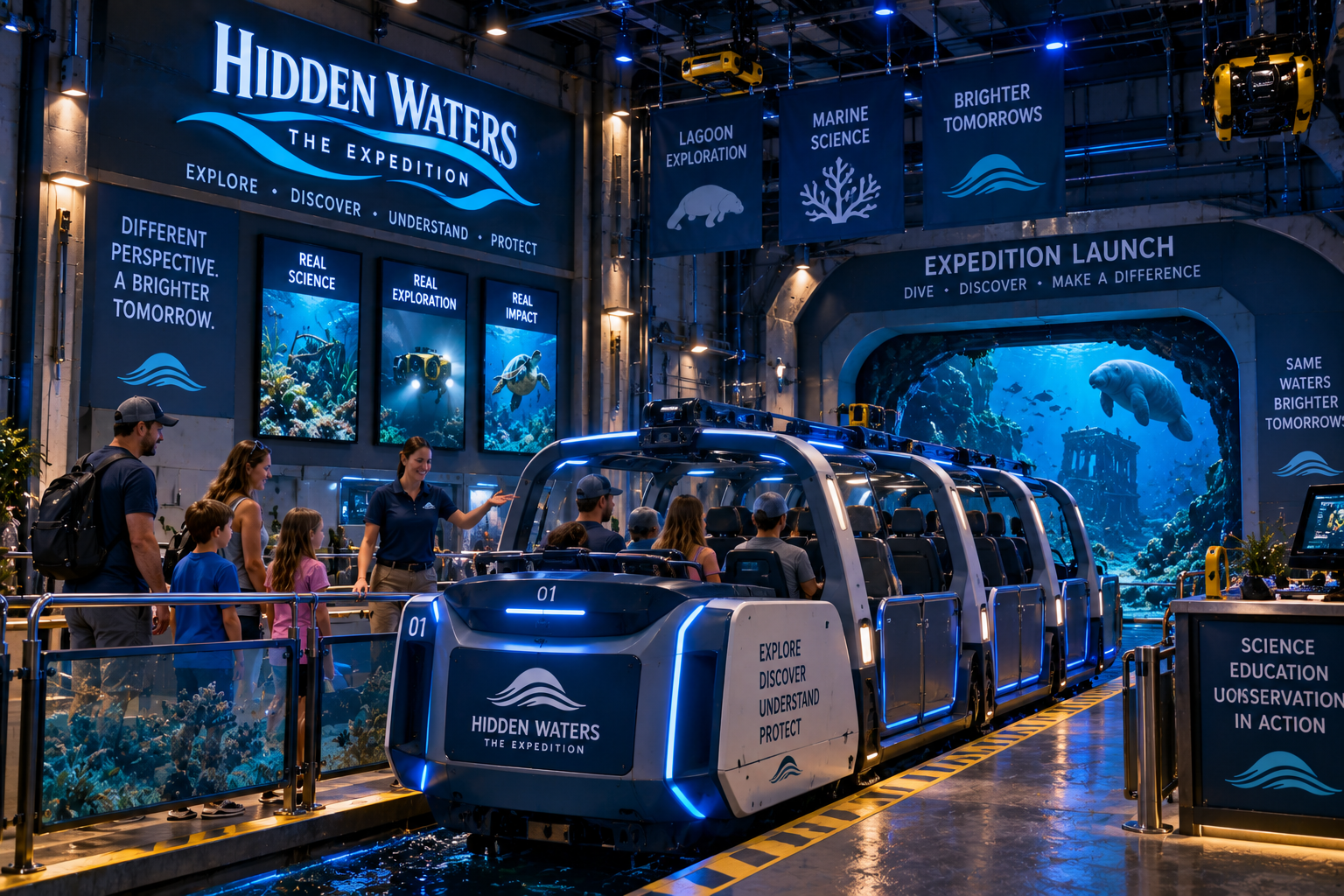 Original family immersive-adventure vehicle in a themed expedition loading environment. Vehicle should feel advanced and capable of simulated underwater exploration without copying an existing theme-park ride vehicle.