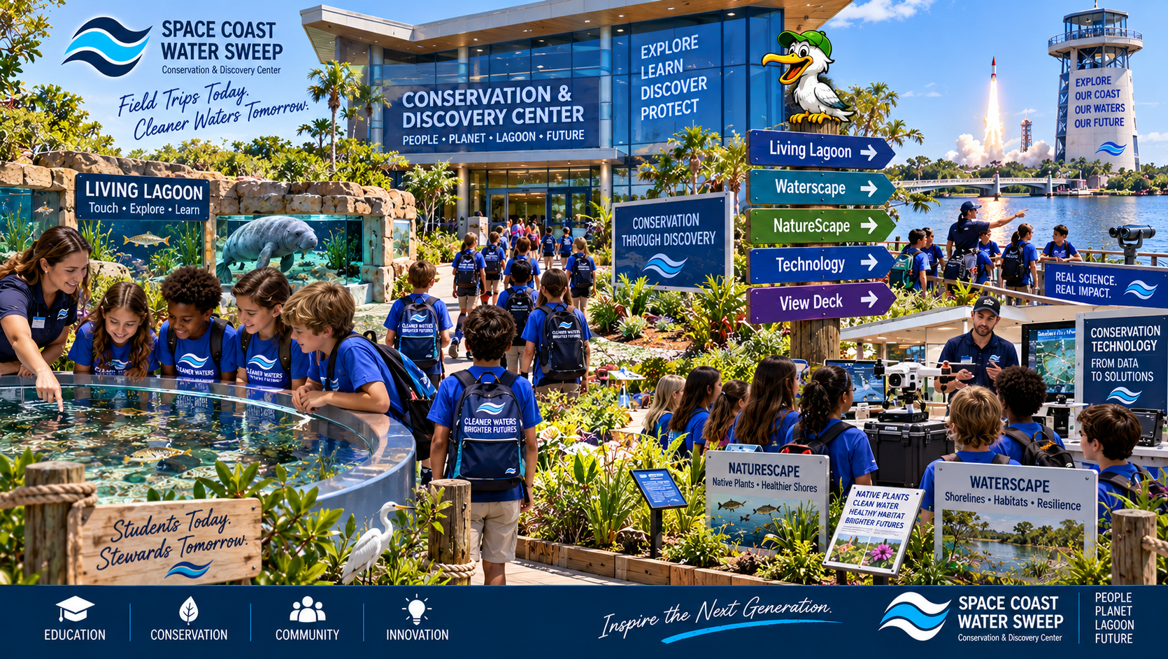 Conceptual school field trip moving through the Conservation & Discovery Center campus, with students learning at the Living Lagoon, Waterscape, NatureScape and conservation technology viewing areas.