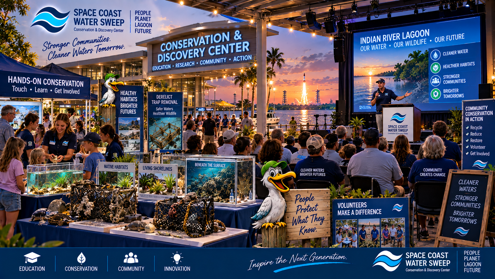 Conceptual evening community conservation program at the Conservation & Discovery Center with residents, families and volunteers attending an Indian River Lagoon presentation and hands-on demonstration.