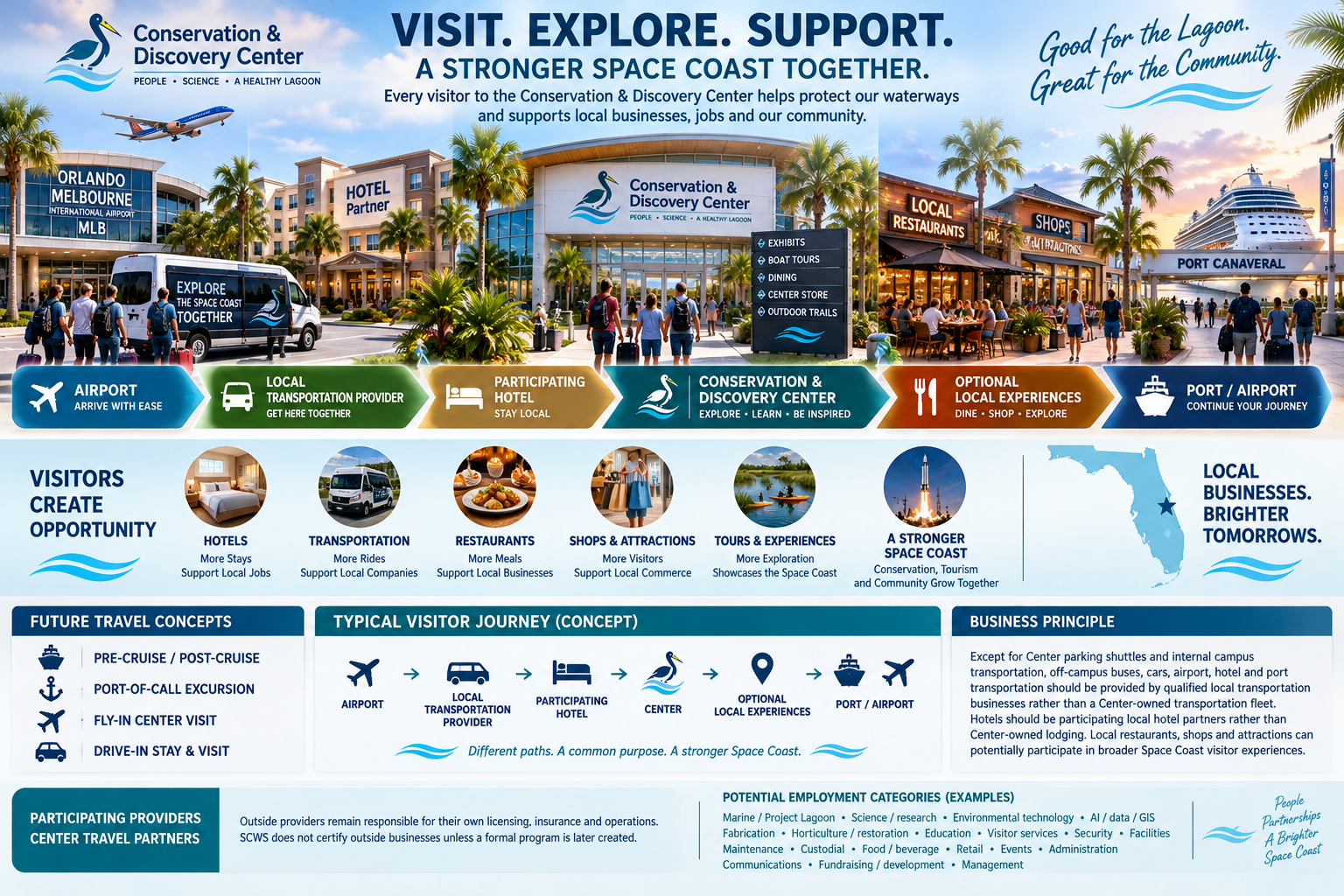 Visit. Explore. Support. A Stronger Space Coast Together — infographic showing how visitors to the Conservation & Discovery Center help protect waterways and support local businesses, jobs and community. Includes future travel concepts (pre-cruise, post-cruise, port-of-call, fly-in, drive-in), typical visitor journey, business principle, and potential employment categories.