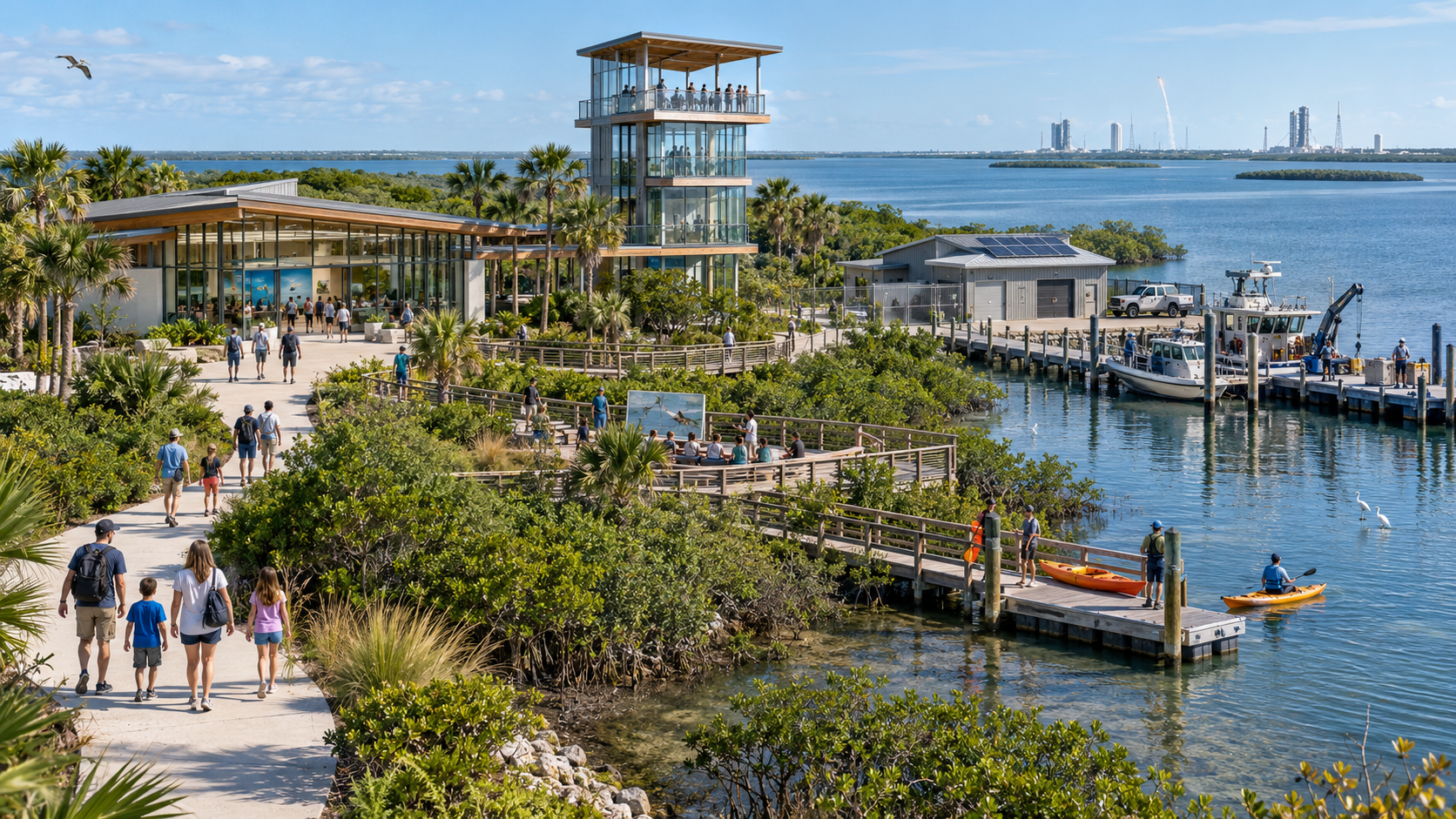 Conceptual rendering of the future Conservation & Discovery Center campus, with a glass observation tower, research building, boardwalk, dock, and visitors exploring the waterfront