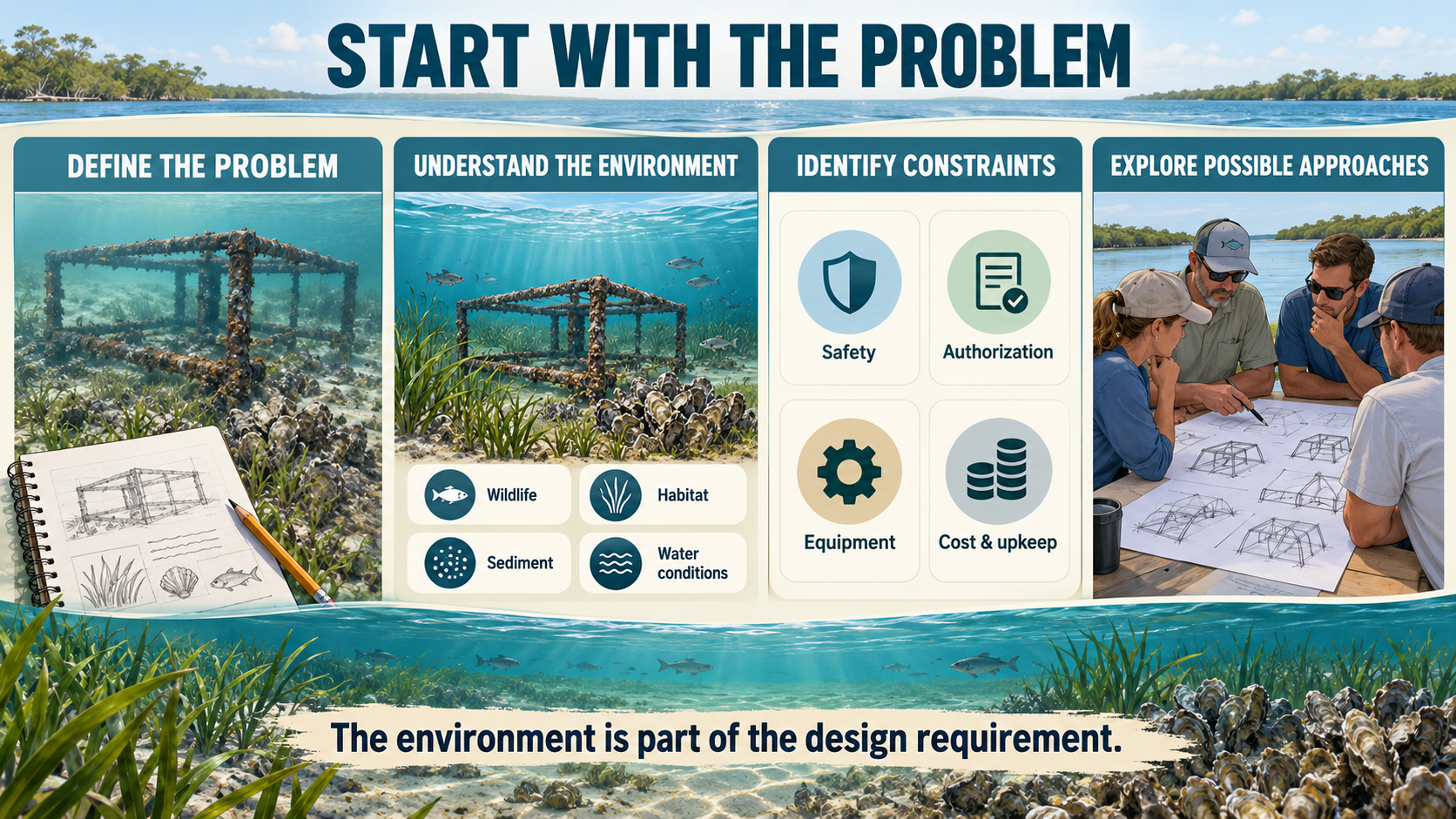 Start With the Problem four-column infographic for Chapter 14. A deep-navy uppercase headline START WITH THE PROBLEM sits atop a light paper-textured background with four dark-teal-headed vertical panels. Panel 1 DEFINE THE PROBLEM: an underwater photo of a rectangular structure in a seagrass bed overlaid with a foreground notebook and pencil sketching the structure. Panel 2 UNDERSTAND THE ENVIRONMENT: an underwater photo of the structure with fish, above a 2x2 grid of teal circular icon buttons — Wildlife (fish), Habitat (seaweed), Sediment (dotted texture), Water conditions (waves). Panel 3 IDENTIFY CONSTRAINTS: four rounded cream cards — Safety (blue shield), Authorization (light-green document with checkmark), Equipment (tan gear), Cost & upkeep (dark-teal stack of coins). Panel 4 EXPLORE POSSIBLE APPROACHES: a photo of four people around an outdoor wooden table reviewing large architectural blueprints of the structure. A torn-edge off-white footer banner reads The environment is part of the design requirement in dark charcoal sans-serif.