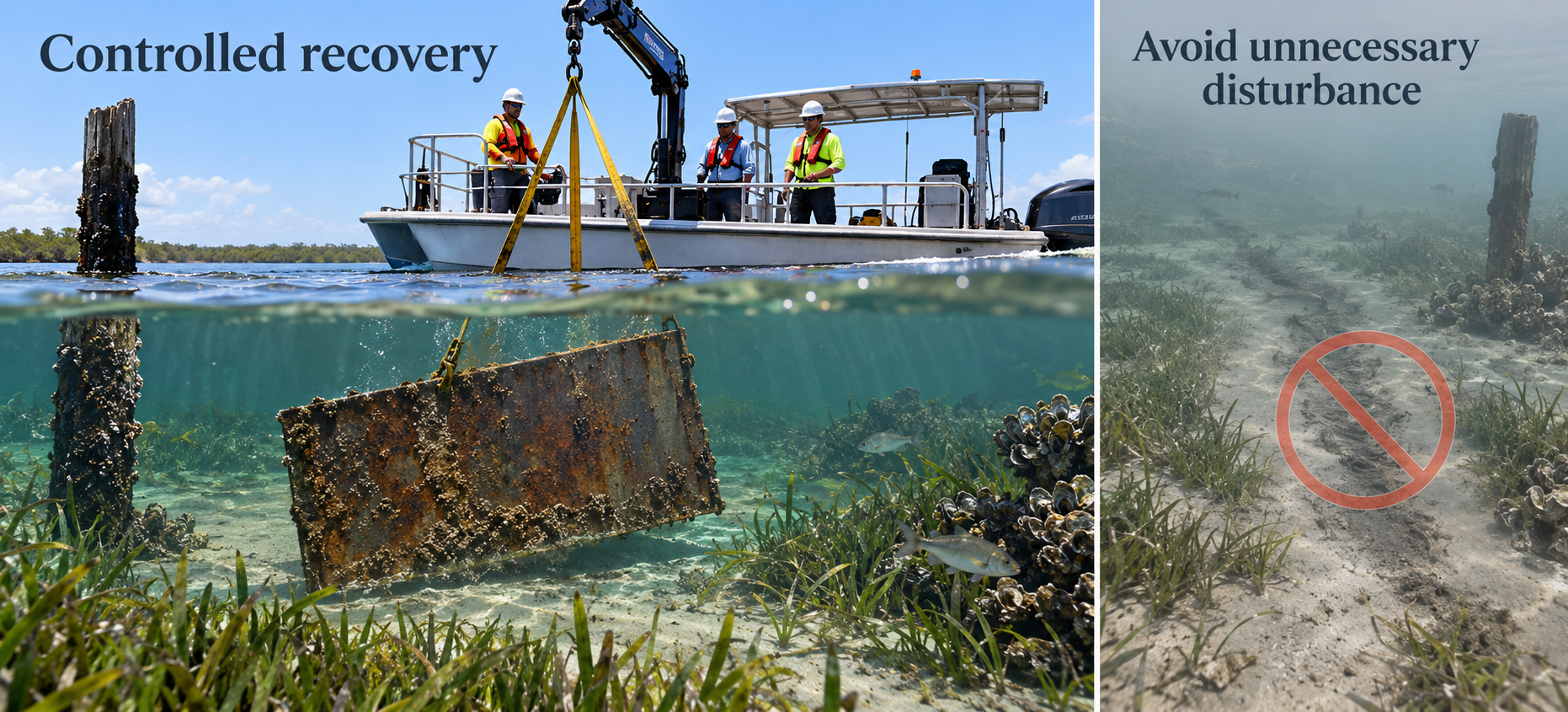 Two-panel comparison showing the same conceptual target with recovery performed with attention to the surrounding environment. Left panel: Controlled recovery — a work boat with a hydraulic crane lifts a rusty metal plate vertically and cleanly out of the water, suspended clearly above the seagrass bed, oysters, and fish below, with a wooden piling nearby. Right panel: Avoid unnecessary disturbance — an underwater view showing a drag scar trench cut through the seafloor where an object was dragged across the bottom, uprooting seagrass, with a red prohibition symbol over the damage. Contrasts controlled recovery with indiscriminate dragging. Environmental considerations visible: seagrass, oysters, wildlife, bottom habitat, sediment, nearby structures. No instructional diagram of dangerous techniques.