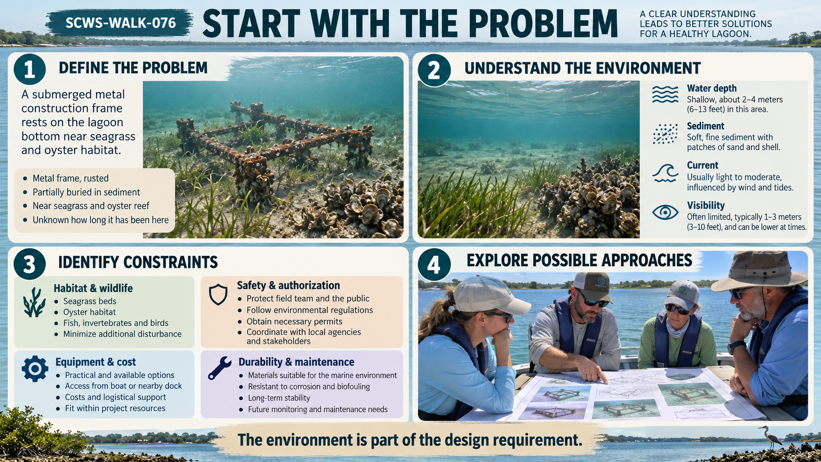 Start With the Problem infographic for Chapter 14. A 2x2 grid of white rounded cards over a panoramic lagoon background, with a dark-grey SCWS-WALK-076 badge top-left, the bold charcoal headline START WITH THE PROBLEM centered, and the top-right caption A CLEAR UNDERSTANDING LEADS TO BETTER SOLUTIONS FOR A HEALTHY LAGOON. Card 1 DEFINE THE PROBLEM: a rusted submerged metal frame on the lagoon floor among seagrass and oysters, with bullets — Metal frame, rusted; Partially buried in sediment; Near seagrass and oyster reef; Unknown how long it has been here. Card 2 UNDERSTAND THE ENVIRONMENT: a wide underwater seabed shot with seagrass and oyster patches, listing Water depth shallow about 2-4 meters (6-13 feet), Sediment soft fine with sand and shell, Current usually light to moderate influenced by wind and tides, Visibility often limited typically 1-3 meters (3-10 feet) and can be lower. Card 3 IDENTIFY CONSTRAINTS: four tinted sub-boxes — Habitat & wildlife (seagrass beds, oyster habitat, fish and invertebrates and birds, minimize disturbance), Safety & authorization (protect field team and public, follow regulations, obtain permits, coordinate with agencies), Equipment & cost (practical available options, access from boat or dock, costs and logistics, fit project resources), Durability & maintenance (marine-suitable materials, corrosion and biofouling resistance, long-term stability, future monitoring). Card 4 EXPLORE POSSIBLE APPROACHES: four people in boat gear reviewing construction blueprints for the frame. Footer banner with torn-paper texture reads The environment is part of the design requirement, with a small heron illustration at bottom right.