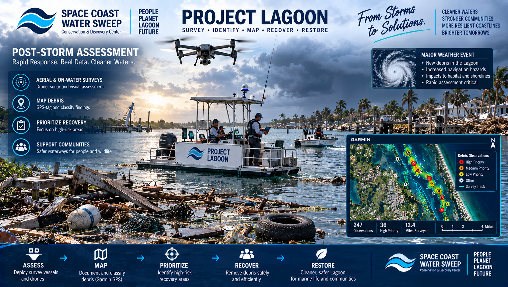 Conceptual post-storm Project Lagoon assessment mission with survey vessels and drones documenting newly deposited marine debris and mapping priority recovery areas after a major weather event.
