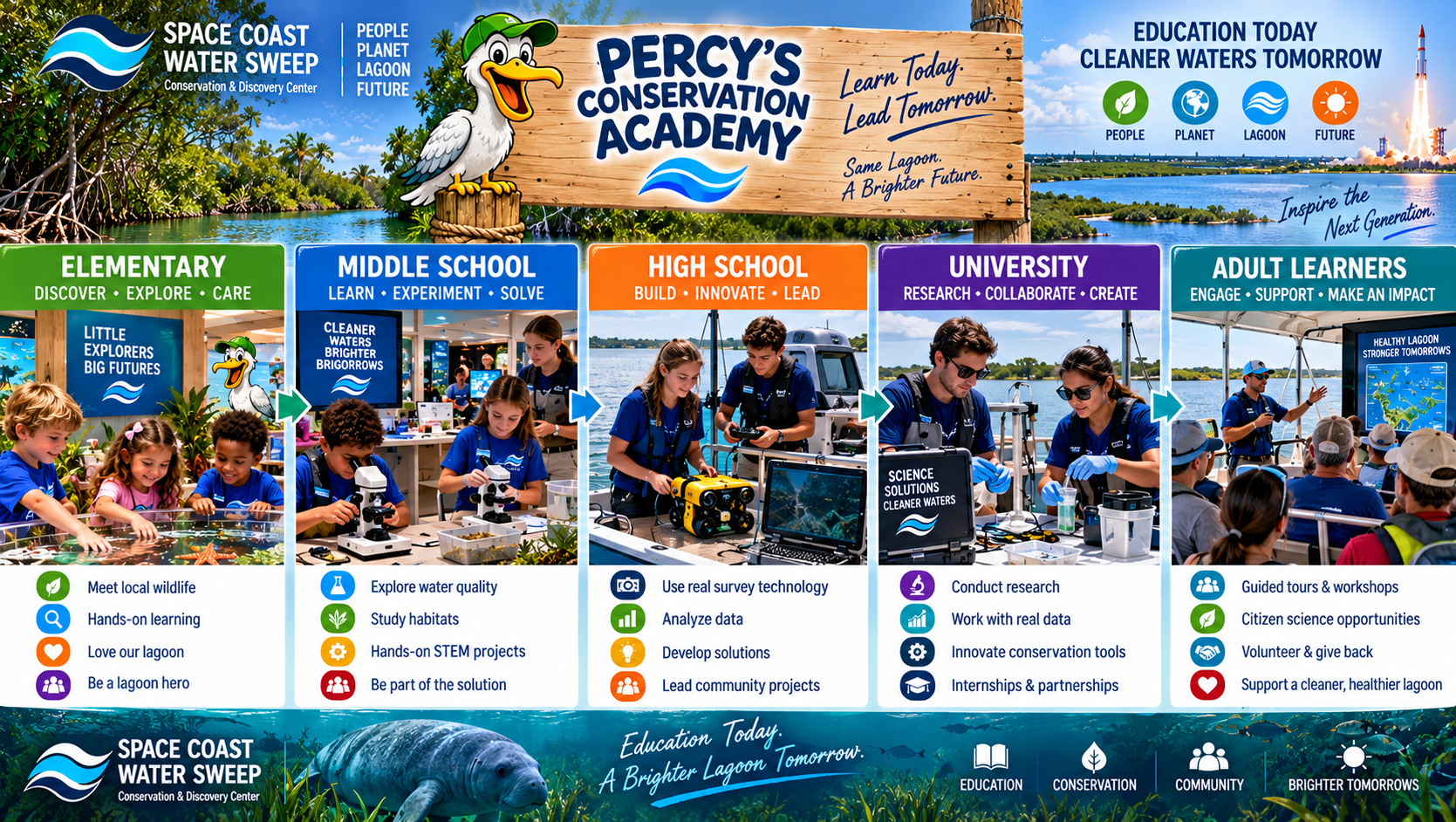 Conceptual education progression showing elementary, middle school, high school, university and adult learners participating in increasingly advanced Indian River Lagoon conservation experiences.