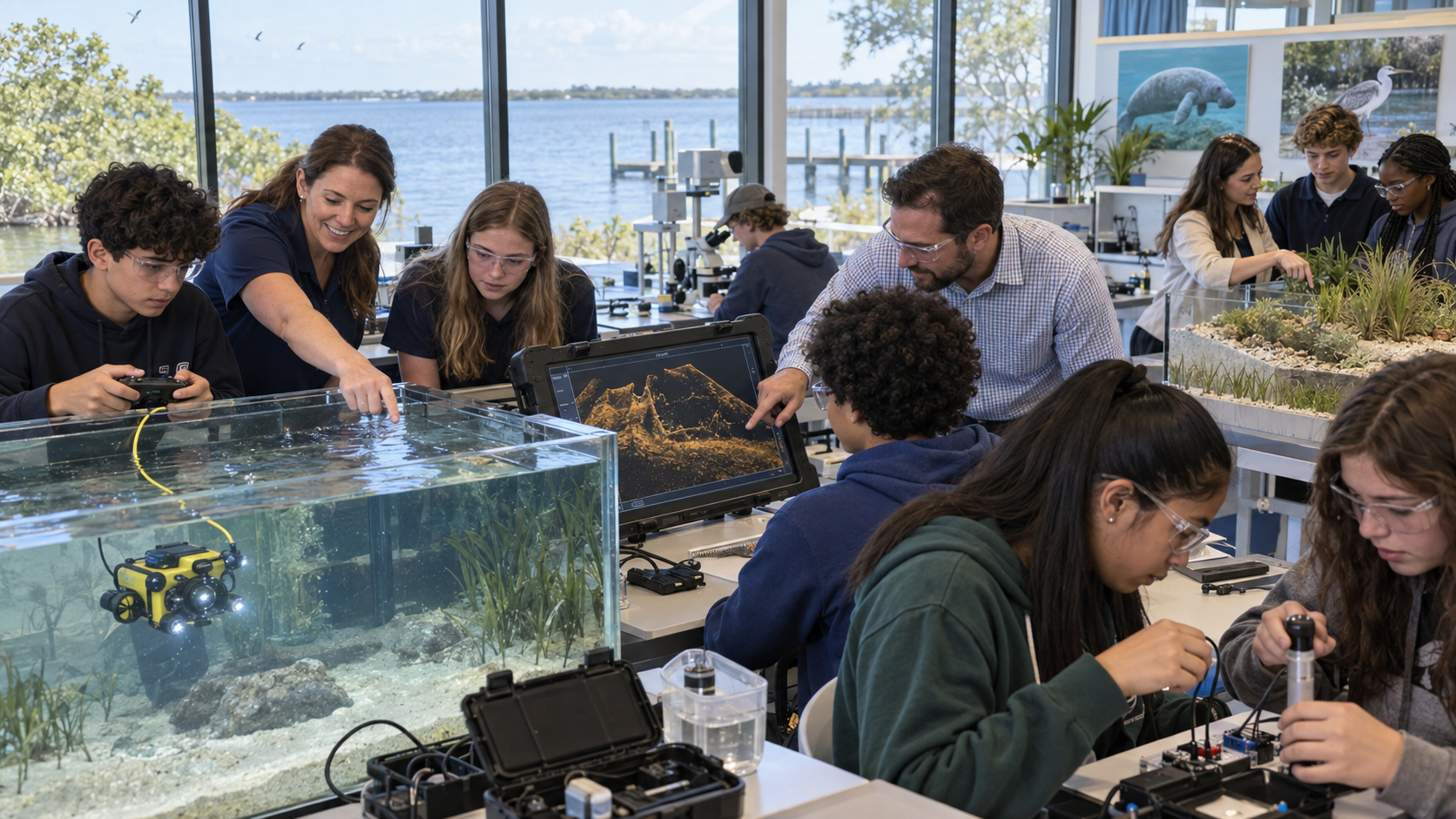 Students and instructors piloting an ROV in a classroom aquarium and reviewing sonar data on a laptop in a bright coastal lab overlooking the water