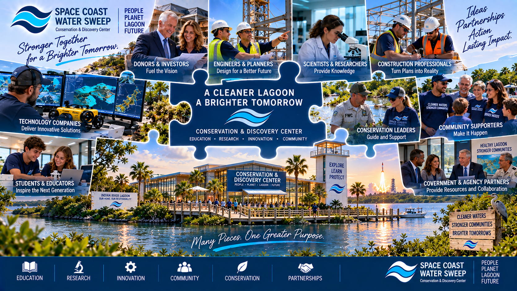 Conceptual collaboration montage showing donors, engineers, scientists, construction professionals, technology companies, conservation leaders and community supporters contributing different pieces toward the Conservation & Discovery Center vision.