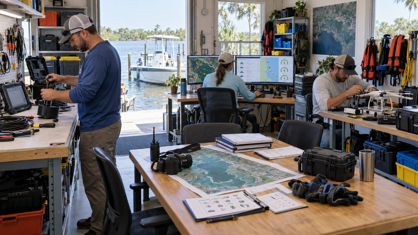 SCWS operations team working in the mission workshop — reviewing navigational maps on dual monitors, preparing drone equipment, and organizing field gear