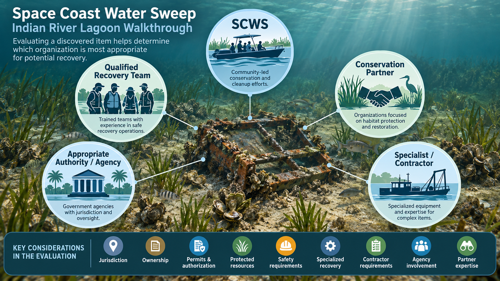 Visitor-facing recovery organization evaluation diagram for the Indian River Lagoon. A rusted square-framed submerged target sits at the center on a sandy, seagrass-filled, oyster-encrusted lagoon floor. Five circular node panels radiate outward with thin semi-transparent white connecting lines: SCWS (center-console boat with crew — community-led conservation and cleanup), Qualified Recovery Team (four people in vests standing in water — trained teams with safe recovery experience), Conservation Partner (handshake with heron silhouette and marsh grass — organizations focused on habitat protection and restoration), Appropriate Authority/Agency (government building with columns and palm trees — agencies with jurisdiction and oversight), and Specialist/Contractor (specialized work boat with crane — specialized equipment and expertise for complex items). A dark-blue footer bar lists key considerations: jurisdiction, ownership, permits and authorization, protected resources, safety requirements, specialized recovery, contractor requirements, agency involvement, and partner expertise. No internal authority-management tools or private contact information exposed.
