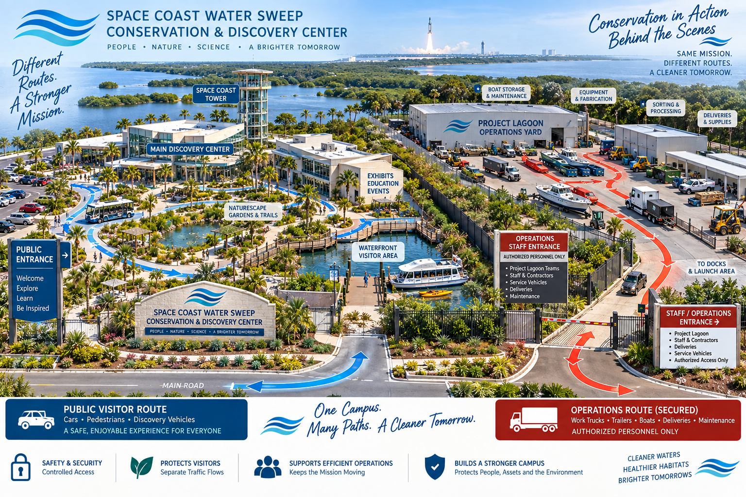 Conceptual campus site map showing separated public visitor routes (blue) and secured operations routes (red), with labeled buildings including the Main Discovery Center, Space Coast Tower, NatureScape Gardens, Project Lagoon operations yard, and designated public and staff entrances.