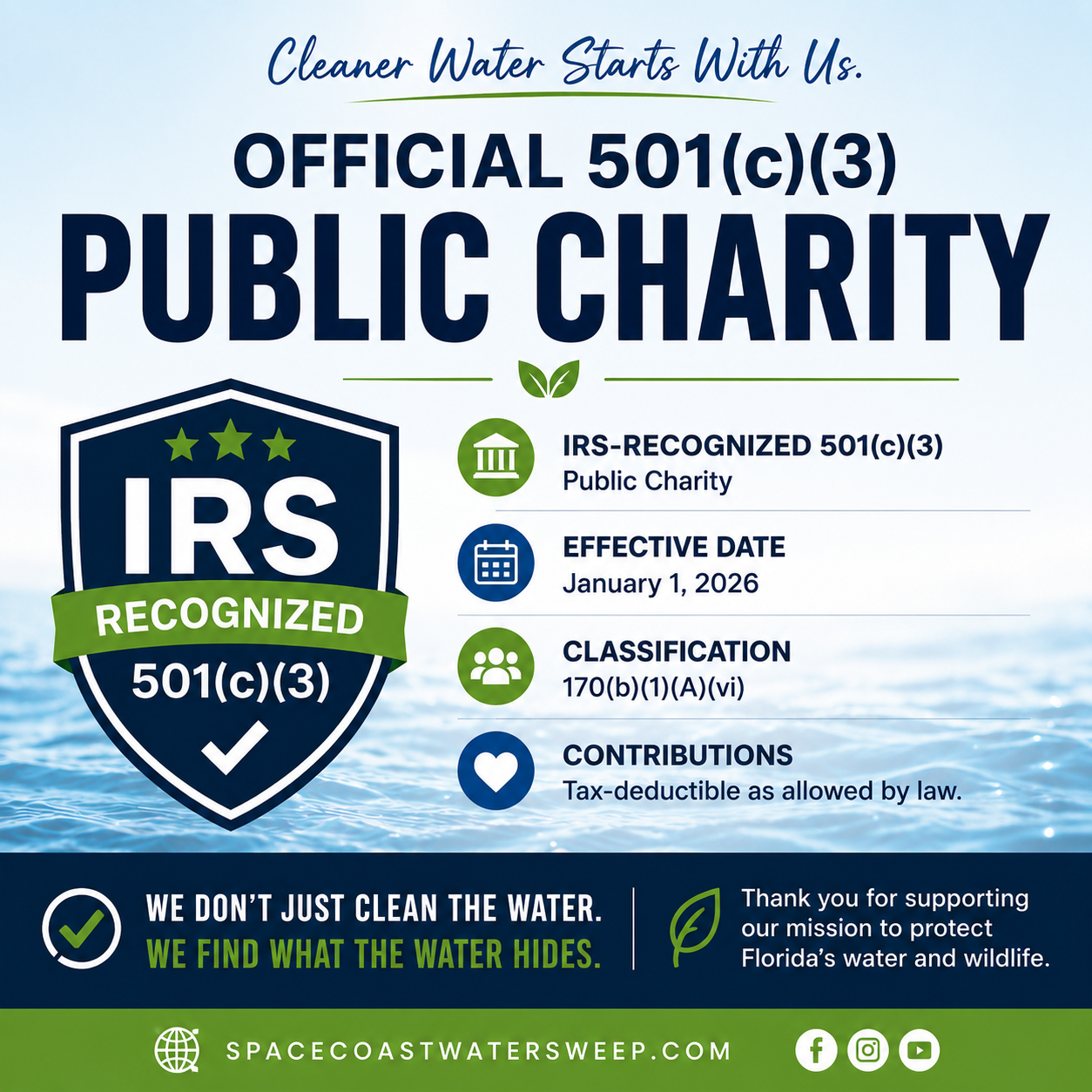 Space Coast Water Sweep — Official IRS-Recognized 501(c)(3) Public Charity, effective January 1, 2026. Contributions are tax-deductible as allowed by law.