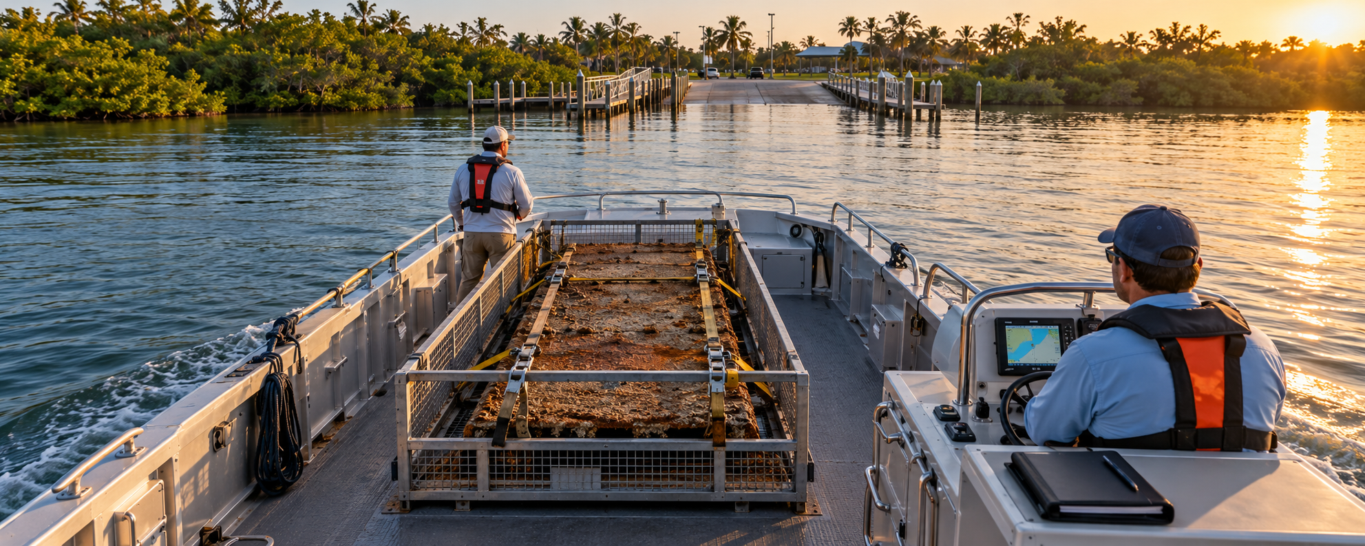 First-person view from the cockpit of a metal work boat at golden hour, looking forward toward the bow. The same conceptual recovered target — a large, heavily rusted, sediment- and barnacle-encrusted rectangular metal plate — is secured inside a metal wire cage bolted to the deck, held fast with yellow heavy-duty ratchet straps. A coiled rope rests against the port gunwale; the helm console shows a navigation display and a notebook for documentation. Two crew members in orange life vests stand and sit at the helm. Ahead, a concrete boat ramp flanked by wooden pilings approaches through calm sunlit water, with mangroves and palm trees silhouetted by the low golden sun. The visual physically and narratively moves the visitor from the Lagoon toward shore. Recovered material still needs to be brought ashore, documented, handled appropriately, and directed toward the appropriate next destination.