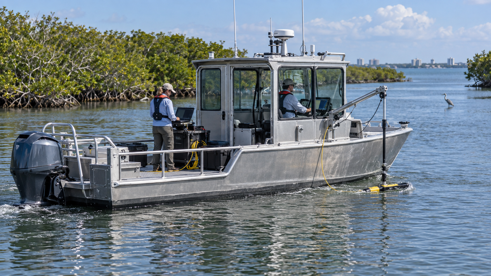 Specialized aluminum research vessel with deployed sonar sensor conducting field survey operations