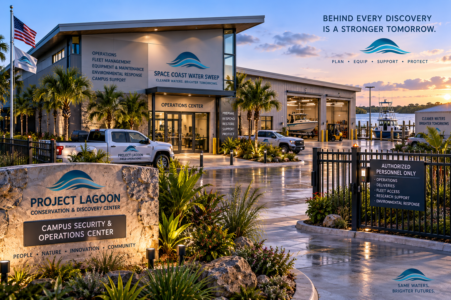 Conceptual exterior of the Campus Security & Operations Center at sunset — a modern industrial-style facility on the secured operations side of the campus, with 'Space Coast Water Sweep' and 'Project Lagoon Conservation & Discovery Center' wall signage, an 'Operations Center' entrance, operations-list and Prepare/Respond/Restore/Support/Protect pillar signage, a limestone monument reading 'Campus Security & Operations Center,' an 'Authorized Personnel Only' gate, open equipment bays housing a boat on a trailer and forklift, a docked waterfront vessel, Project Lagoon field-operations vehicles, and US and logo flags — professional waterfront campus architecture with no detailed security layouts or vulnerabilities visible.