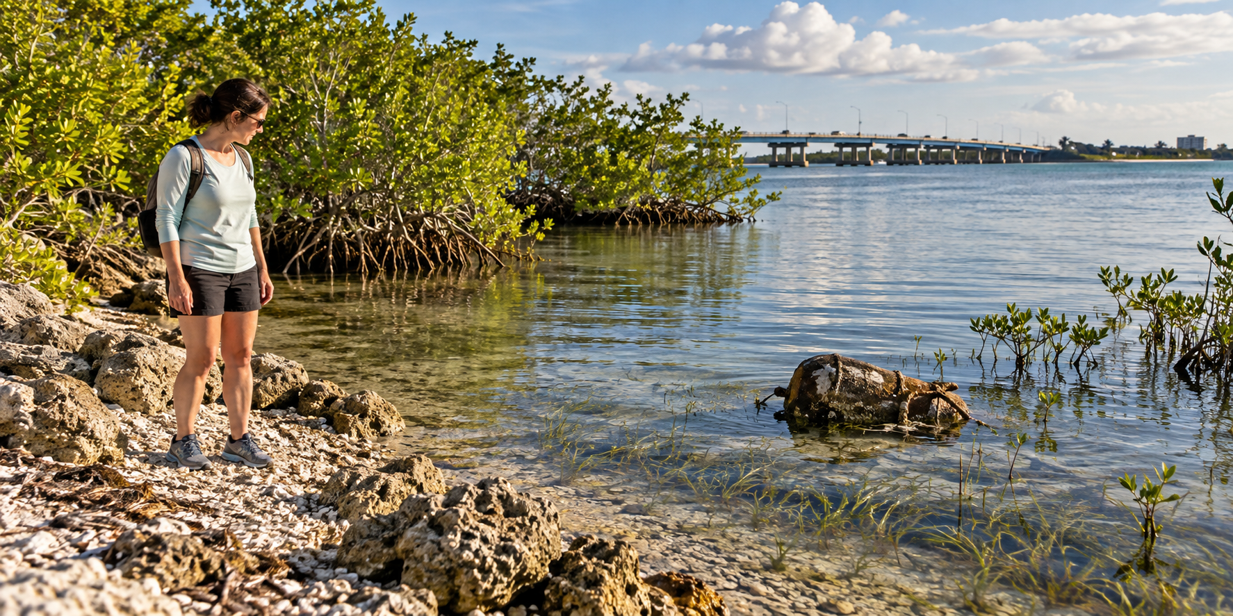 A woman standing on a rocky Indian River Lagoon shoreline in casual outdoor clothing, noticing a weathered cylindrical object partially submerged in the shallow water near mangroves. She remains safely on shore and is not retrieving or touching the item — an ordinary person observing something unusual or out of place during everyday life along the lagoon.