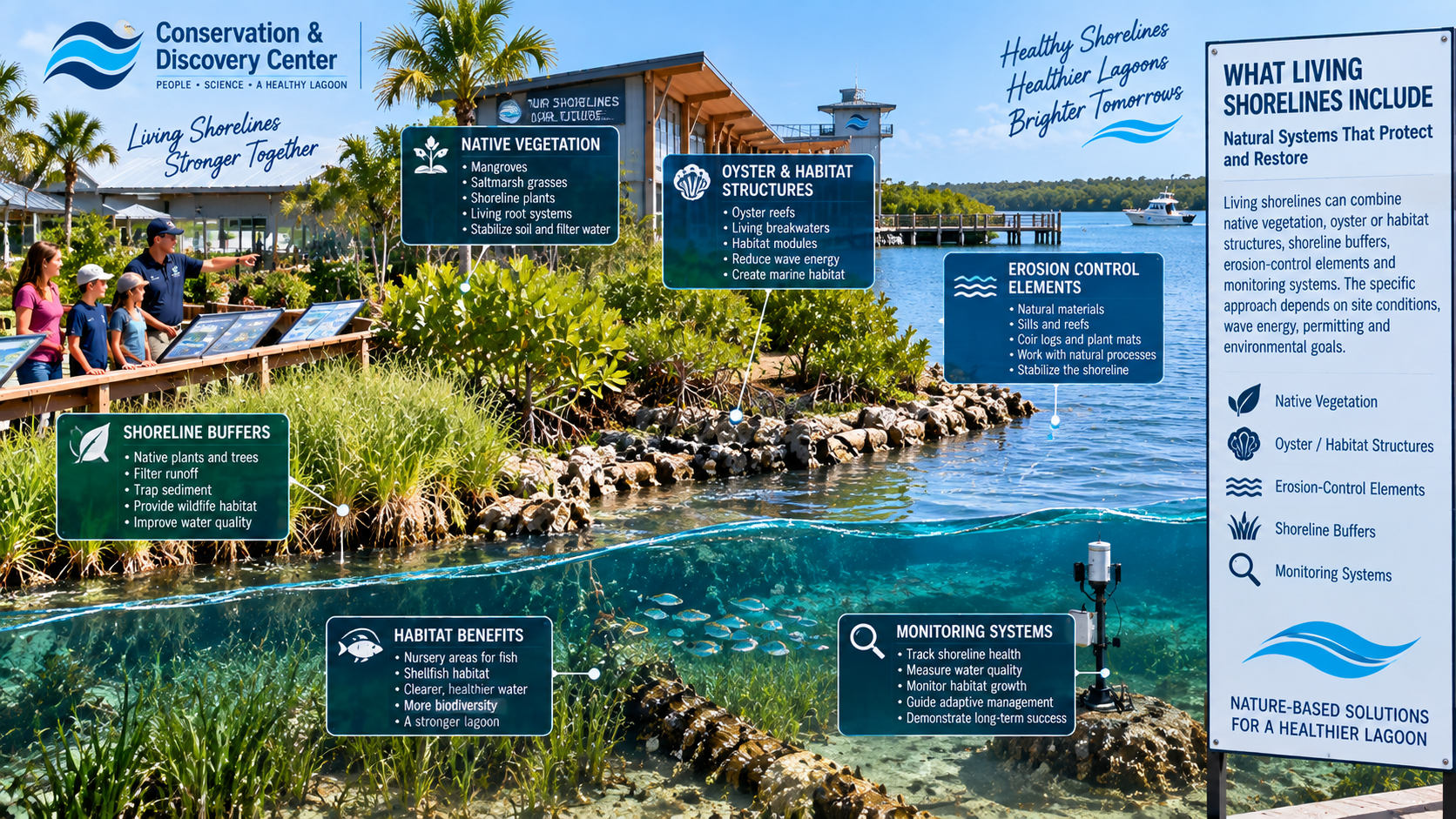Technical infographic showing what living shorelines include — a waterfront educational site with a group observing the water above and a vibrant underwater cross-section below, connected by white lines to six descriptive info-cards (Native Vegetation, Oyster & Habitat Structures, Erosion Control Elements, Shoreline Buffers, Habitat Benefits, Monitoring Systems) and a vertical information board listing Native Vegetation, Oyster/Habitat Structures, Erosion-Control Elements, Shoreline Buffers, and Monitoring Systems, branded 'Conservation & Discovery Center — People • Science • A Healthy Lagoon' and 'Living Shorelines Stronger Together.'