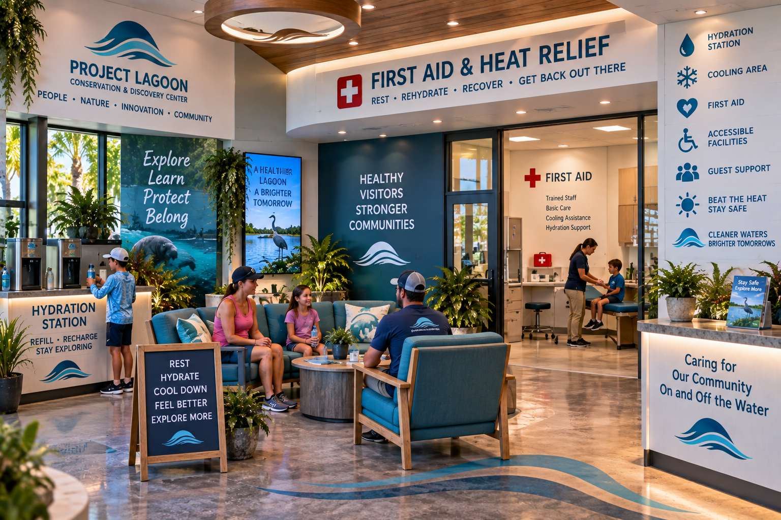 Welcoming, professional first-aid and heat-relief area within the future Conservation & Discovery Center — a bright lounge with deep-teal seating, a First Aid & Heat Relief room visible through glass, a hydration station, vertical service menu (hydration, cooling, first aid, accessible facilities, guest support), Project Lagoon branding, polished concrete floor with a wave inlay, and a manatee-and-heron mural — air-conditioned guest-care environment with seating, hydration access, accessible design and discreet first-aid capability that looks like visitor-support infrastructure, not a hospital emergency room.