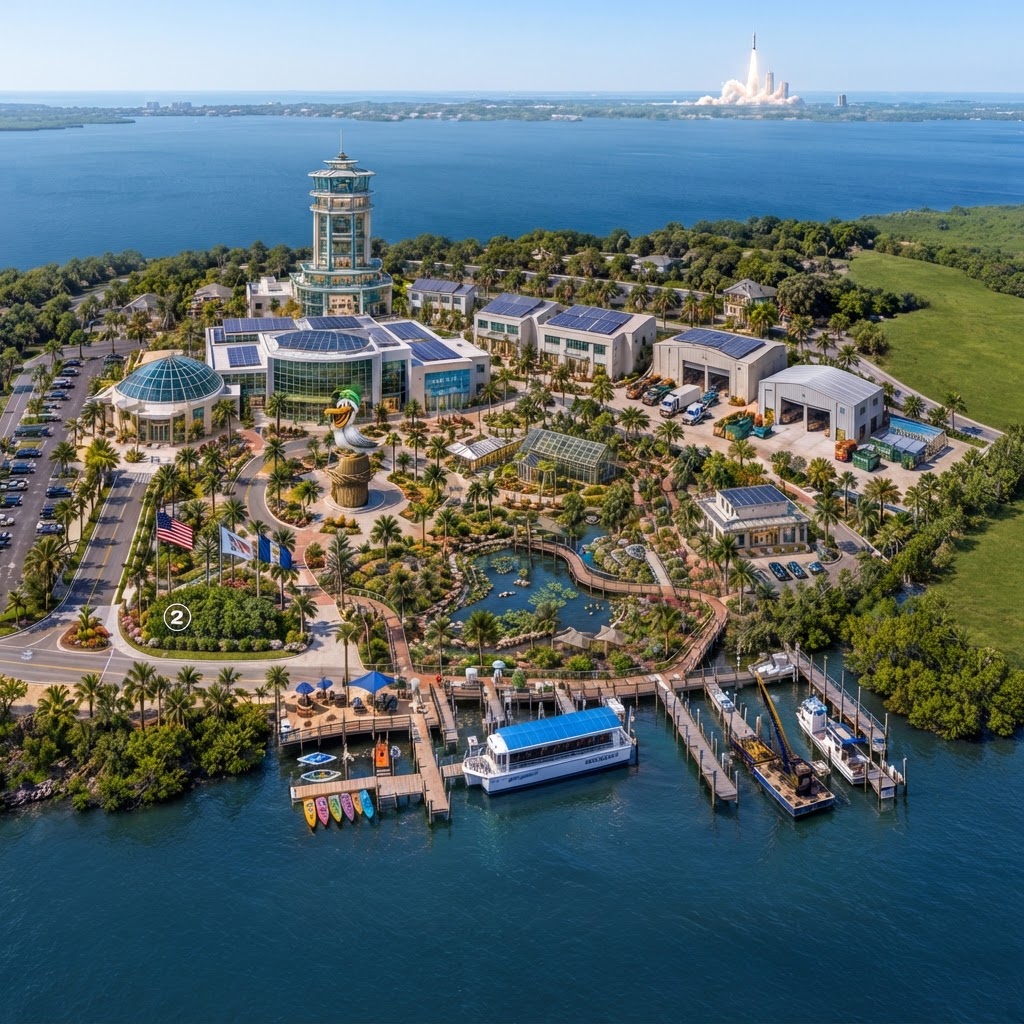 Conceptual isometric aerial view of the Space Coast Water Sweep Conservation & Discovery Center campus on the Indian River Lagoon, showing the Discovery Center, observation tower, boardwalks, native landscaping, boat docks, and research facilities.