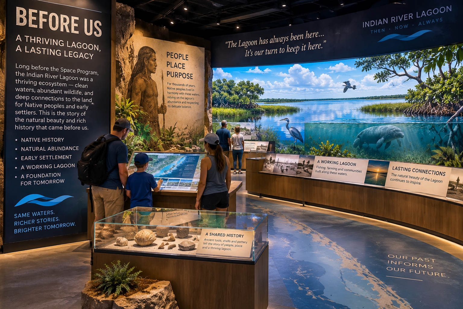 Immersive historical/natural-history experience depicting the Indian River Lagoon and coastal Florida before modern development, combining natural landscape, early human history, wildlife and digital historical interpretation.