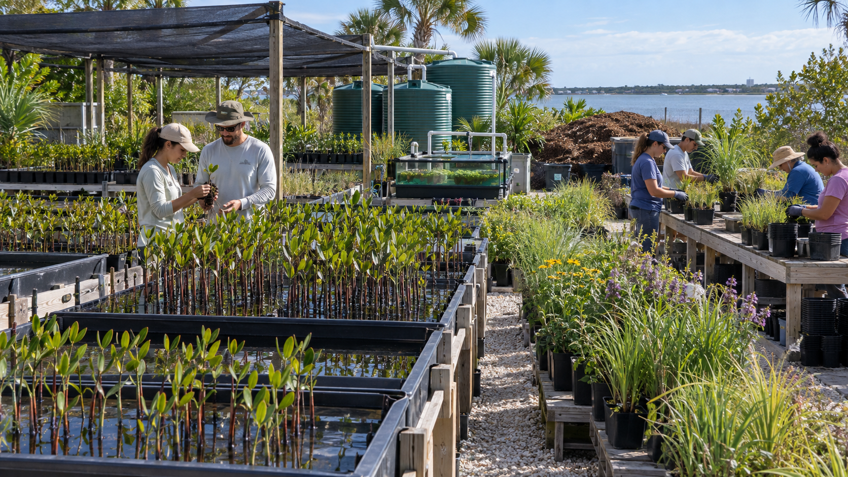 Mangrove nursery operation with volunteers potting young mangrove saplings in black tubs under a shade structure, with water storage tanks and a potting workbench visible near the shoreline