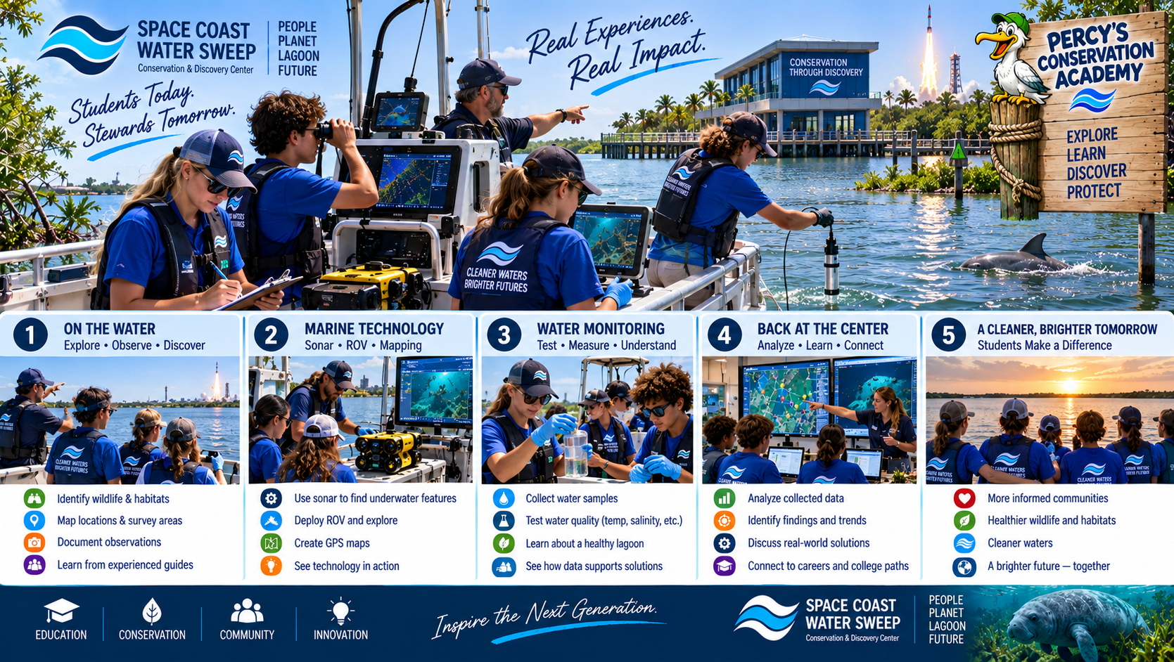 Conceptual student field-science experience on the Indian River Lagoon with supervised environmental observations, mapping, water monitoring and marine technology demonstrations followed by data analysis.