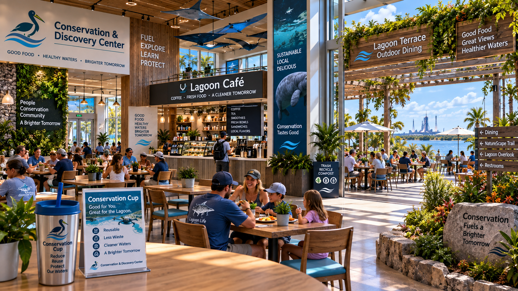 Lagoon Café and Lagoon Terrace outdoor dining area at the Conservation & Discovery Center, with the coffee counter, sustainable local food signage, Conservation Cup reusable cup program, and an outdoor terrace overlooking the lagoon.