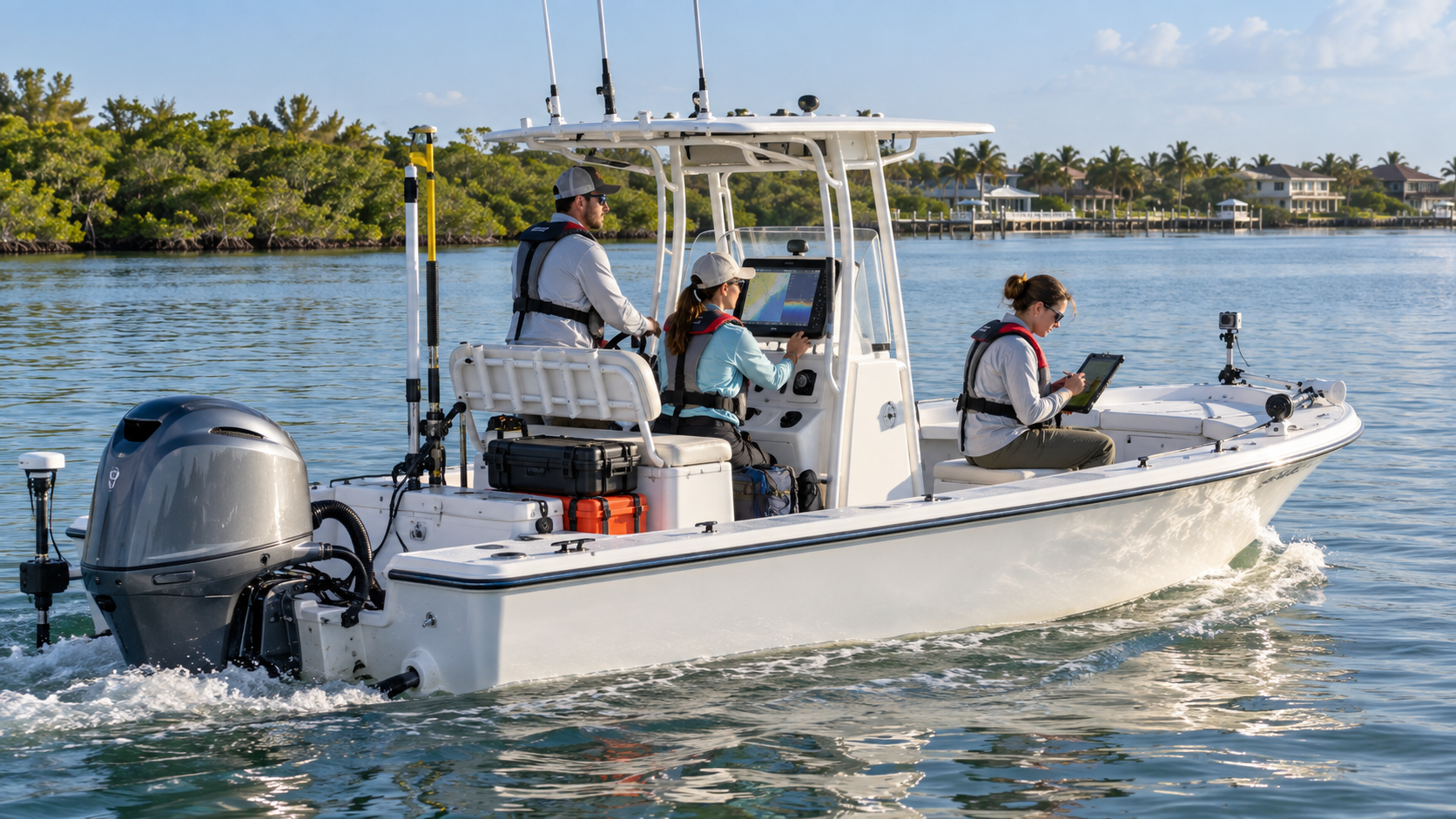 Project Lagoon survey team conducting fieldwork — a white center-console motorboat with a hard T-top crossing calm coastal waters near a mangrove shoreline, with three researchers in life vests: a driver at the helm, a navigator operating a mounted sonar/navigation display at the console, and a data collector on the bow using a tablet with a stylus. A high-precision GPS/GNSS receiver is mounted on a stern pole, with black and orange equipment cases secured behind the helm seat and an action camera on a tripod at the bow. Illustrates the integrated survey, navigation, and documentation workflow used on the water.