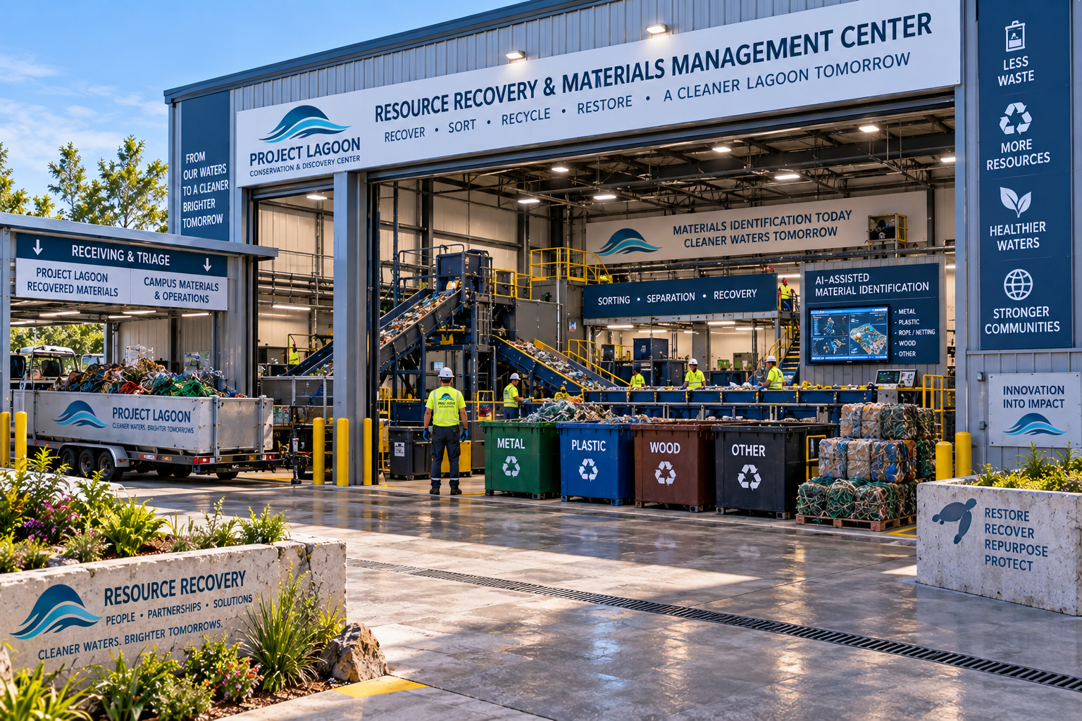 Conceptual modern secured Resource Recovery & Materials Management Center at the Conservation & Discovery Center — a clean, professional industrial sorting environment with conveyor-based material handling, AI-assisted material identification, separated recovery bins (Metal, Plastic, Wood, Other), receiving & triage signage, Project Lagoon branding, stone planters, and staff in high-visibility safety vests.