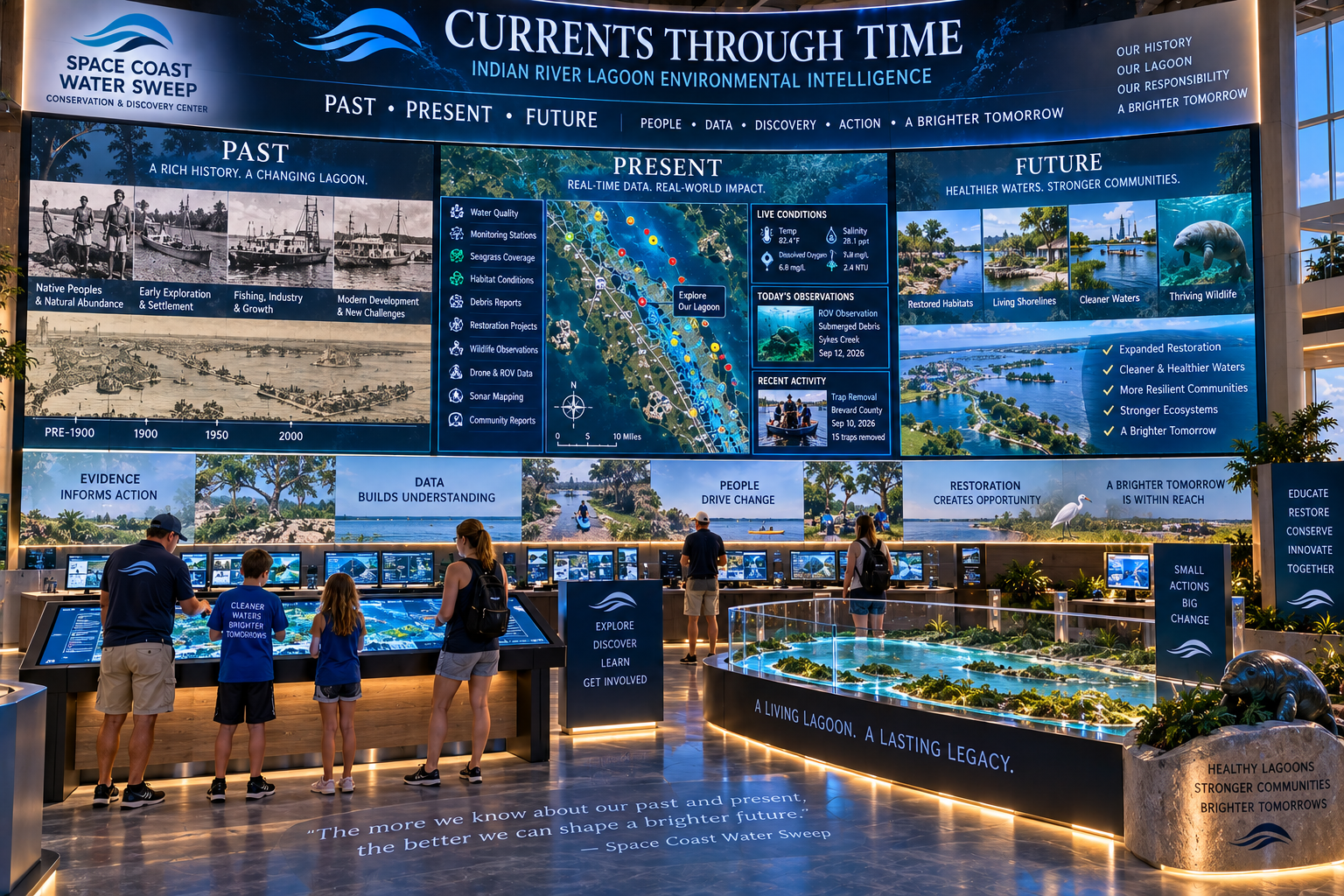 Currents Through Time exhibition hall poster with a curved digital wall organized into Past, Present and Future sections, interactive kiosks, a 3D topographic lagoon model, and wayfinding signage.