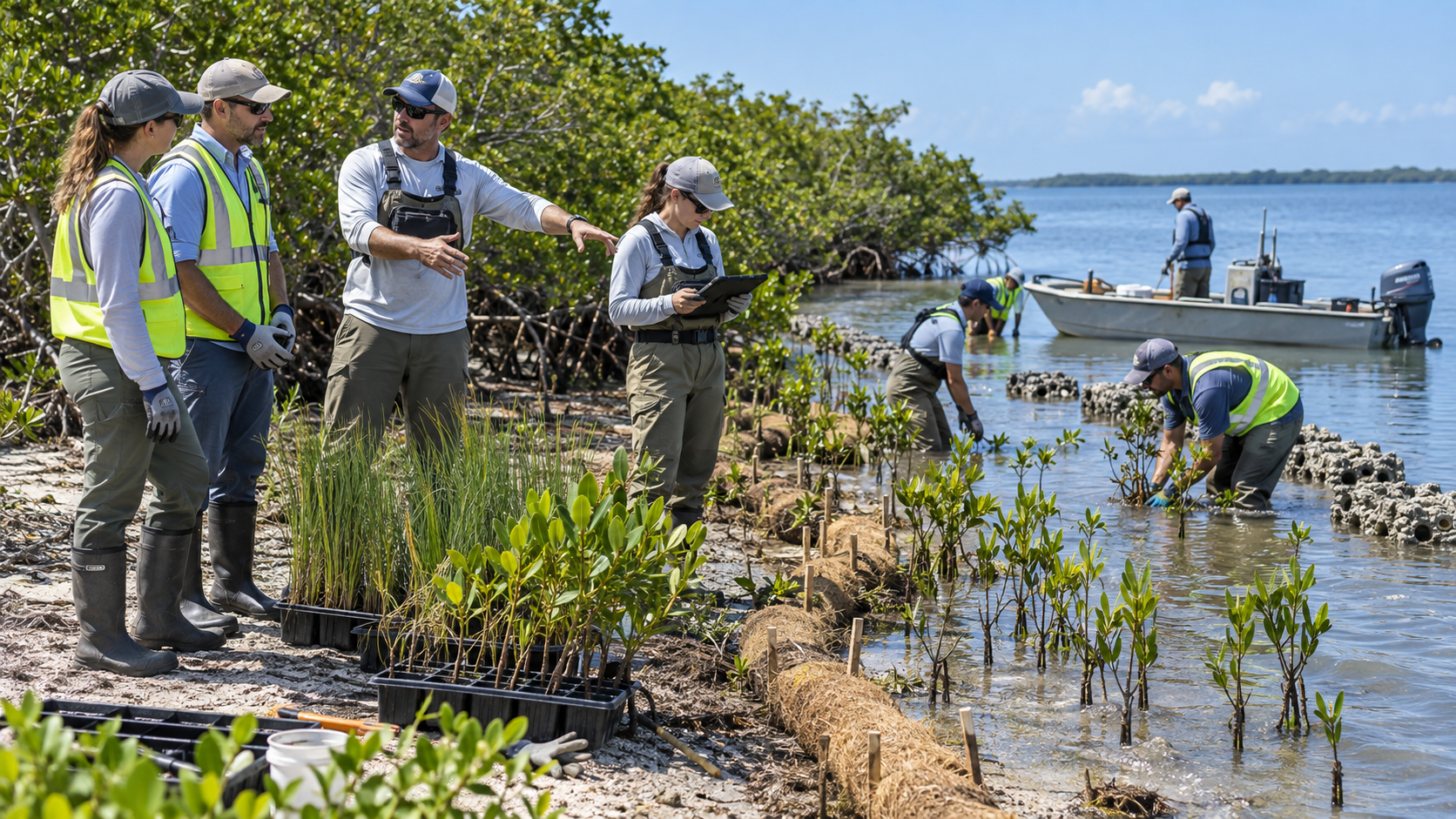 Shoreline restoration team planting young mangroves along coir fiber logs at the water's edge — workers in high-visibility vests with trays of saplings, a work boat moored offshore, and dense mangrove foliage framing the restored coastline