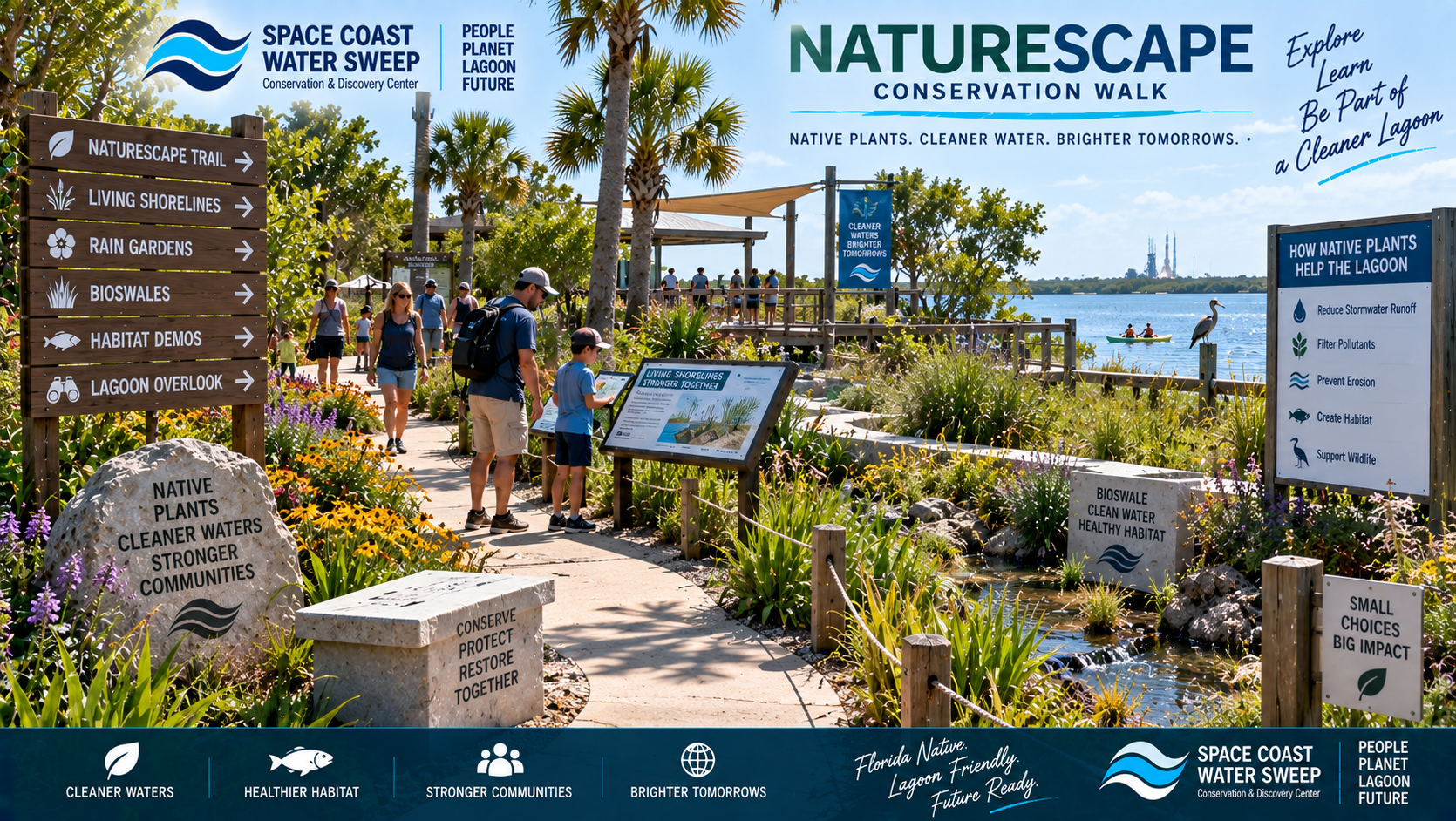 Conceptual NatureScape and Conservation Walk with native Florida vegetation, shaded paths, bioswale and shoreline demonstrations, families exploring outdoor learning stations and the Indian River Lagoon visible beyond.