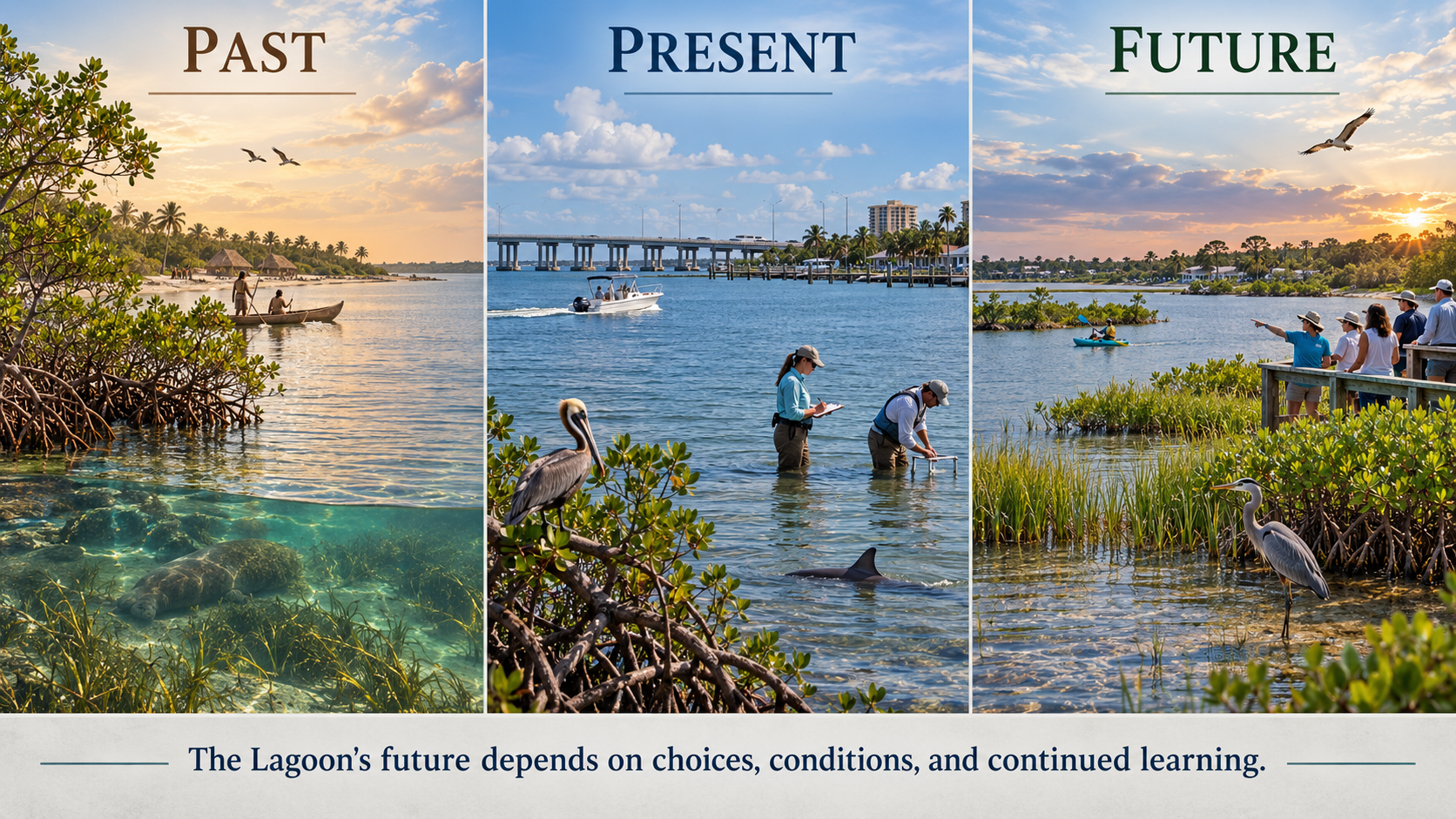 A Lagoon with a Long Story — three-panel composite of the Indian River Lagoon across time. PAST panel (brown label): sunrise over a calm shallow lagoon with a manatee swimming over seagrass below and indigenous figures in a wooden canoe near a mangrove-lined shore above. PRESENT panel (blue label): a wide lagoon view with a modern bridge, a motorboat, two researchers taking measurements in the water, a pelican on mangrove roots, and a dolphin fin at the surface. FUTURE panel (green label): a sunset scene with a group on a wooden observation deck pointing out at the water, a kayaker, a great blue heron in the shallows, and an osprey flying overhead. Footer caption: The Lagoon's future depends on choices, conditions, and continued learning.
