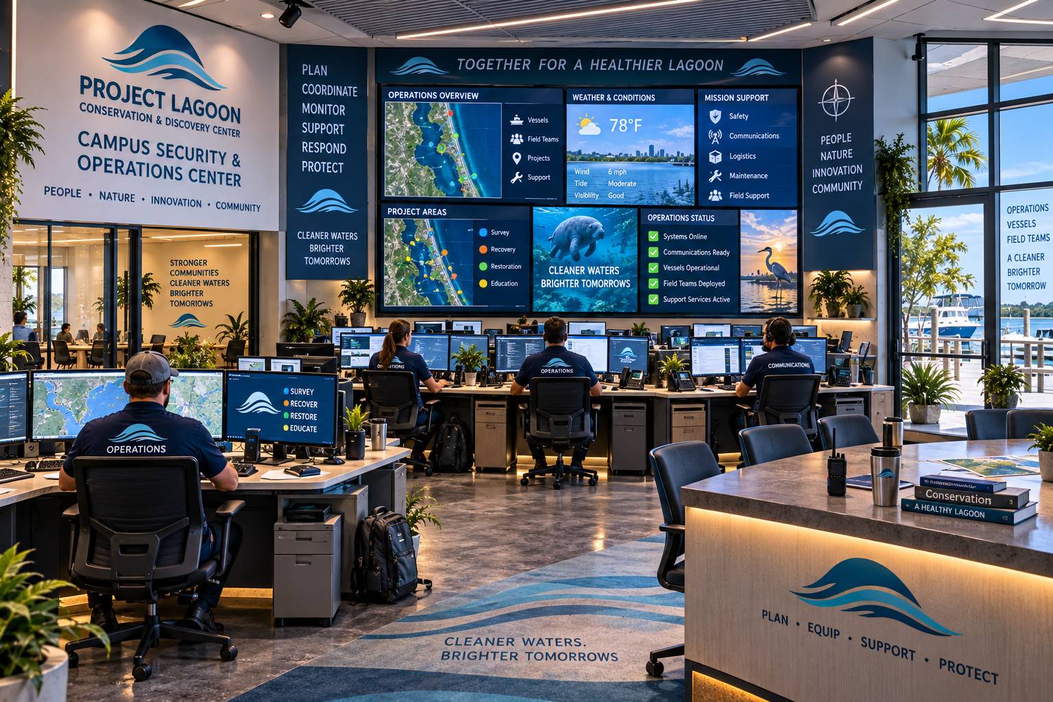 Public-appropriate conceptual interior of the Campus Security & Operations Center — a modern command center with Project Lagoon branding, operator workstations, a 3x2 monitoring/data video wall displaying generic operations overview, weather, mission support, project areas, manatee conservation imagery and operations status screens, a wrap-around operations desk with a backlit Plan/Equip/Support/Protect panel, polished concrete floor with a stylized wave inlay, and a waterfront view through glass panes — supporting day-to-day awareness and coordinated response with no real camera feeds, detailed camera locations, access credentials, network topology or sensitive security information.