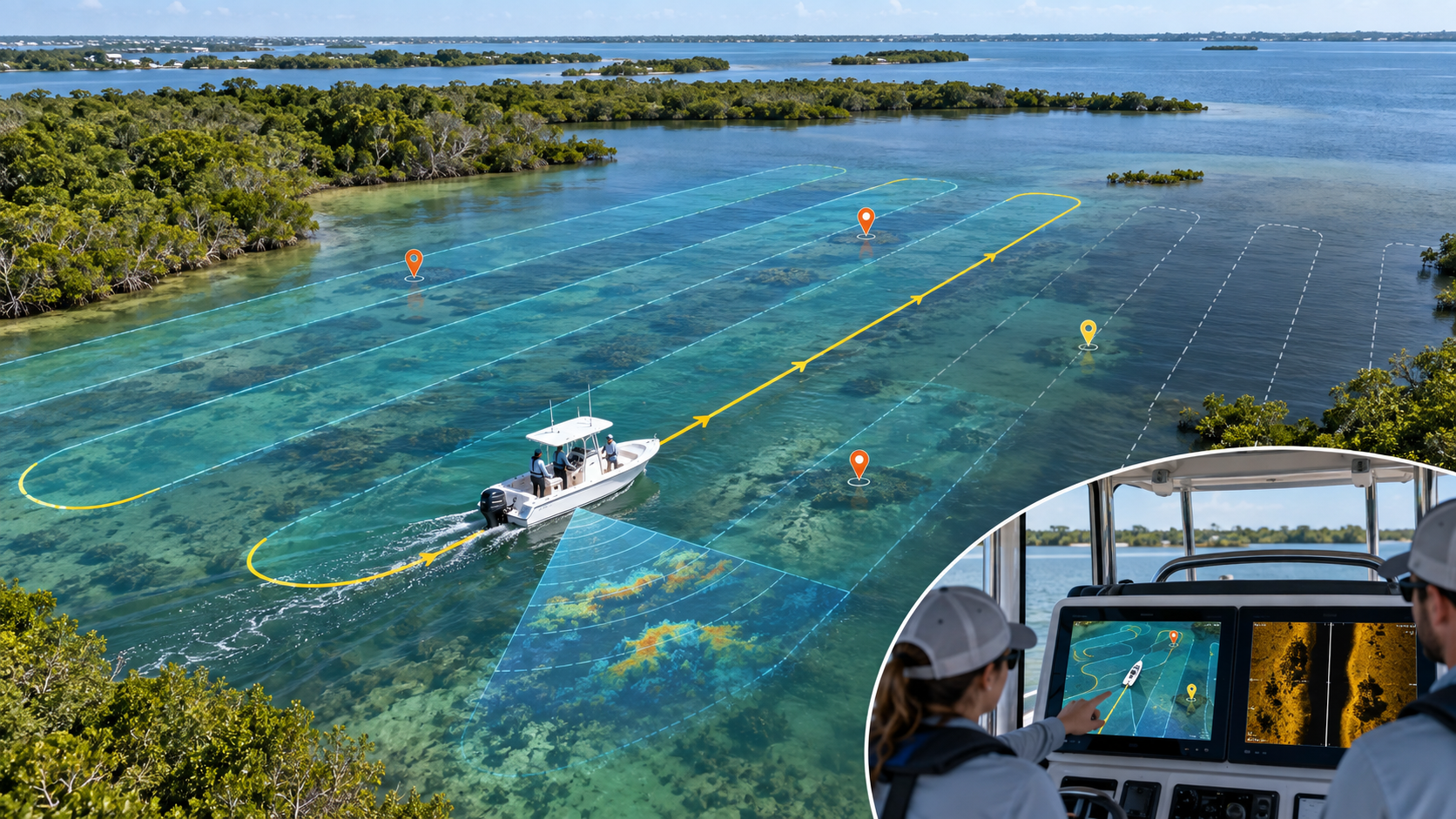 Sonar survey operation composite — aerial view of a white center-console motorboat with three crew traveling through clear turquoise water near mangrove islands, with a translucent blue sonar fan extending from the bow to reveal submerged structure, a dotted survey grid overlaid on the water, a bright yellow active path with directional arrows, and orange and yellow map pins marking targets. A circular inset at lower right shows two crew at the console studying twin displays — a digital chart matching the aerial view and a high-contrast side-scan sonar image of the seabed. Illustrates how planned survey coverage, real-time sonar, and on-screen navigation work together on the water.