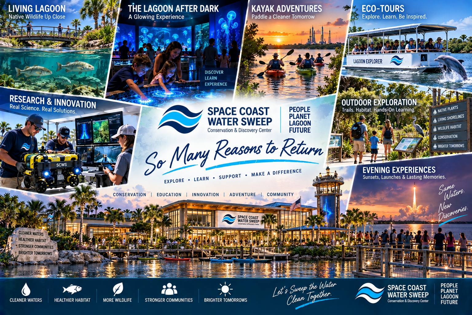 Conceptual collage-style rendering showing different reasons to return to the Conservation & Discovery Center — Living Lagoon, bioluminescence, kayaking, eco-tour, research demonstrations, outdoor exploration and evening waterfront experiences.