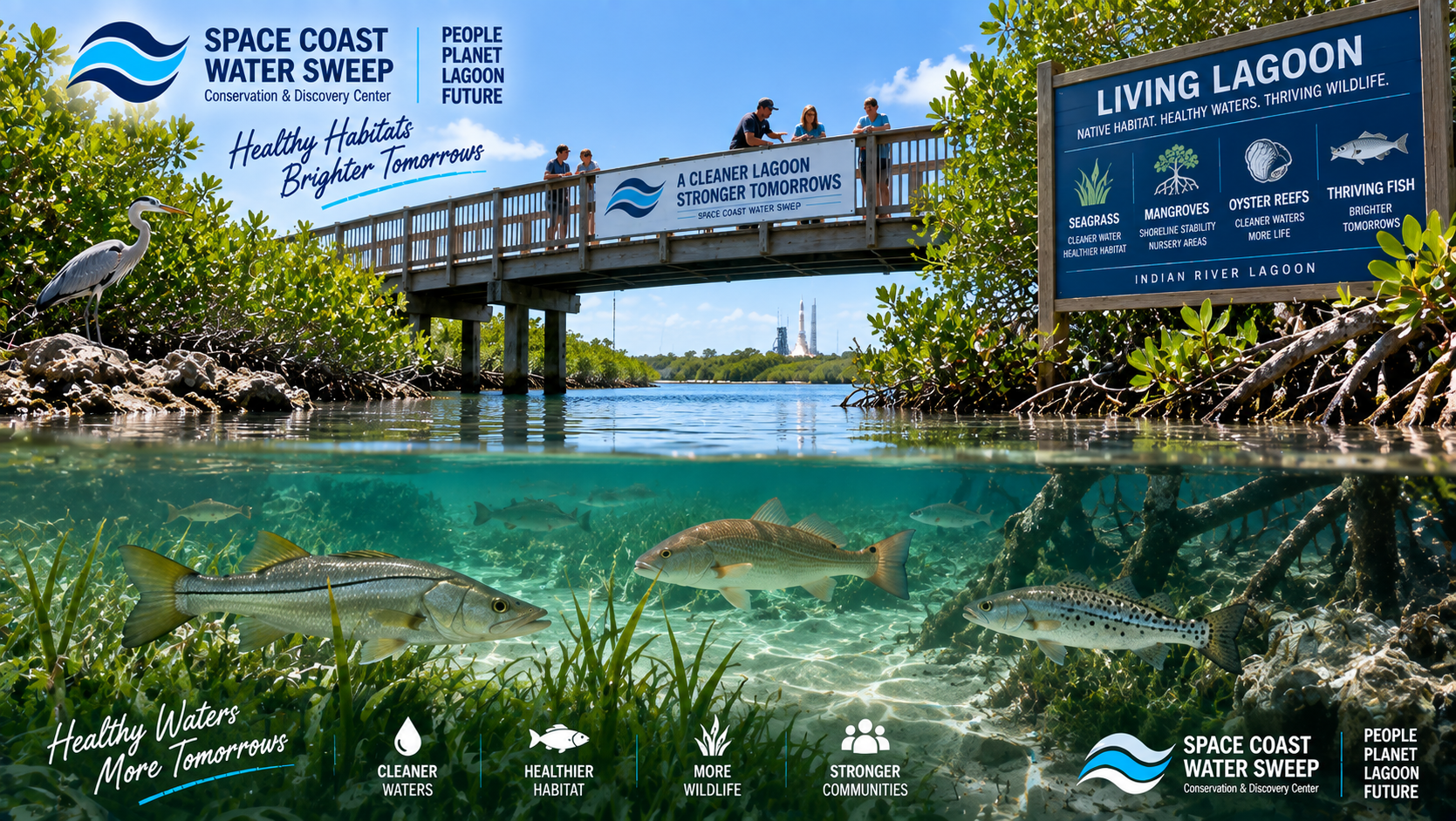 Conceptual clear-water Living Lagoon habitat with native Indian River Lagoon fish such as snook, redfish and spotted seatrout visible beneath a pedestrian bridge, surrounded by native shoreline vegetation and natural habitat features.