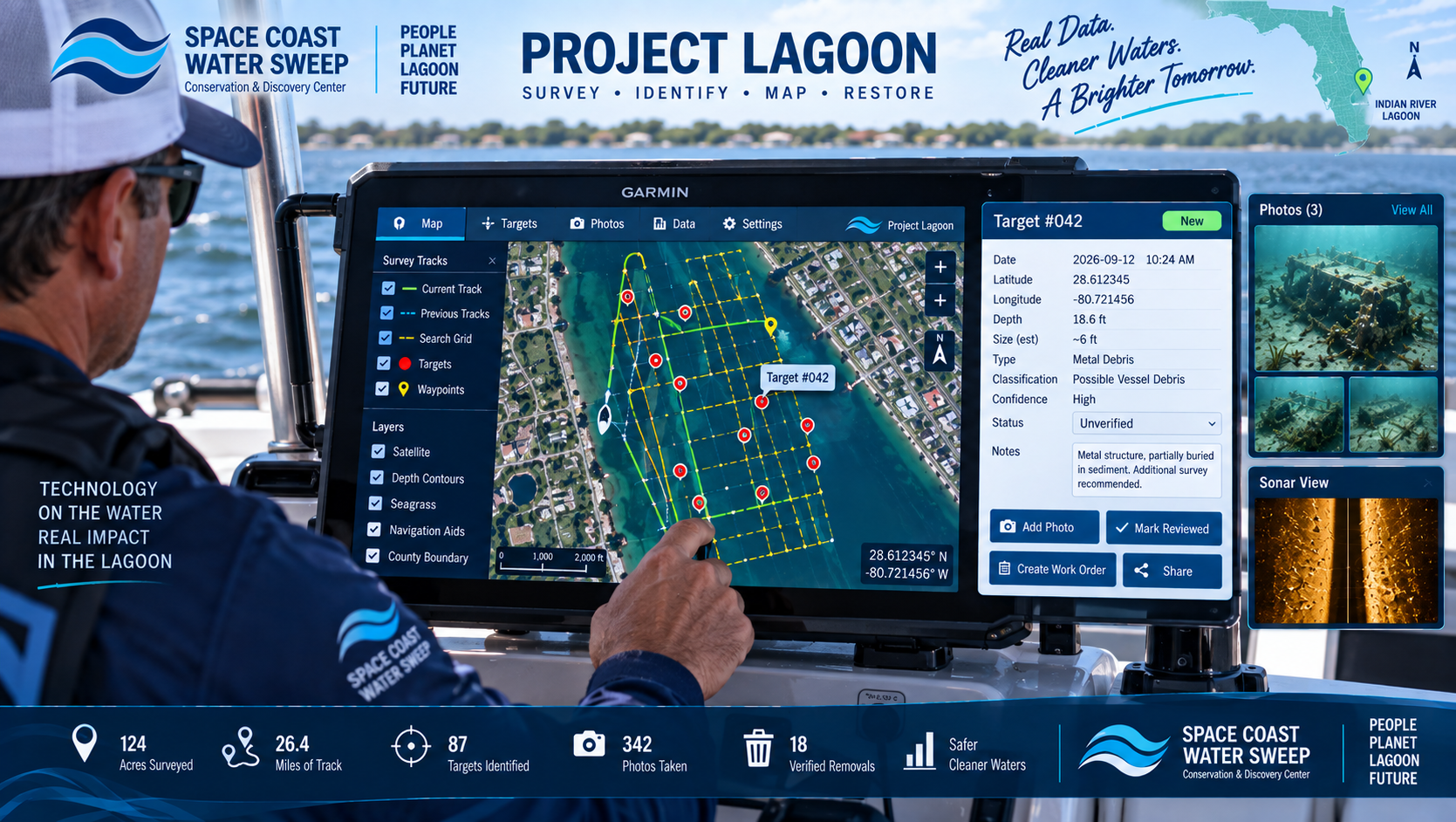 Conceptual field-data interface showing mapped survey tracks, underwater debris targets, GPS locations, photographs, classifications and status information used to document Project Lagoon observations.