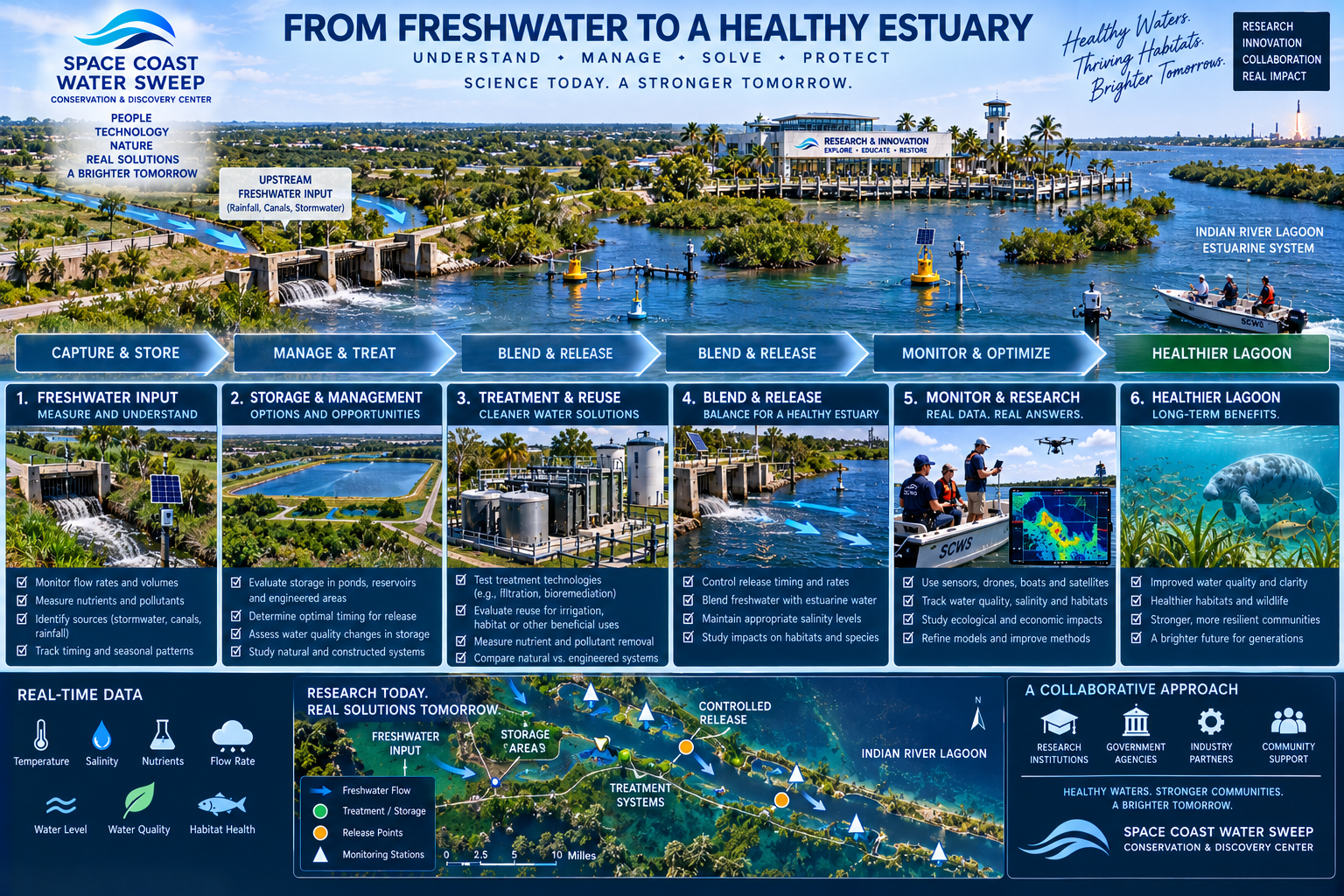 From Freshwater to a Healthy Estuary infographic titled 'From Freshwater to a Healthy Estuary — Understand ✦ Manage ✦ Solve ✦ Protect — Science Today. A Stronger Tomorrow.' showing a six-step process flow (Capture & Store, Manage & Treat, Blend & Release, Blend & Release, Monitor & Optimize, Healthier Lagoon) with six columns: 1. Freshwater Input / Measure and Understand (monitor flow, measure nutrients, identify sources, track timing), 2. Storage & Management / Options and Opportunities (evaluate storage, determine timing, assess water quality, study systems), 3. Treatment & Reuse / Cleaner Water Solutions (test technologies, evaluate reuse, measure removal, compare systems), 4. Blend & Release / Balance for a Healthy Estuary (control release, blend water, maintain salinity, study impacts), 5. Monitor & Research / Real Data. Real Answers. (use sensors/drones, track water quality, study ecology, refine models), 6. Healthier Lagoon / Long-Term Benefits (improved water quality, healthier habitats, stronger communities, a brighter future), and a footer with real-time data icons (temperature, salinity, nutrients, flow rate, water level, water quality, habitat health), an Indian River Lagoon research map (freshwater flow, treatment/storage, release points, monitoring stations), and a collaborative approach across research institutions, government agencies, industry partners and community support.