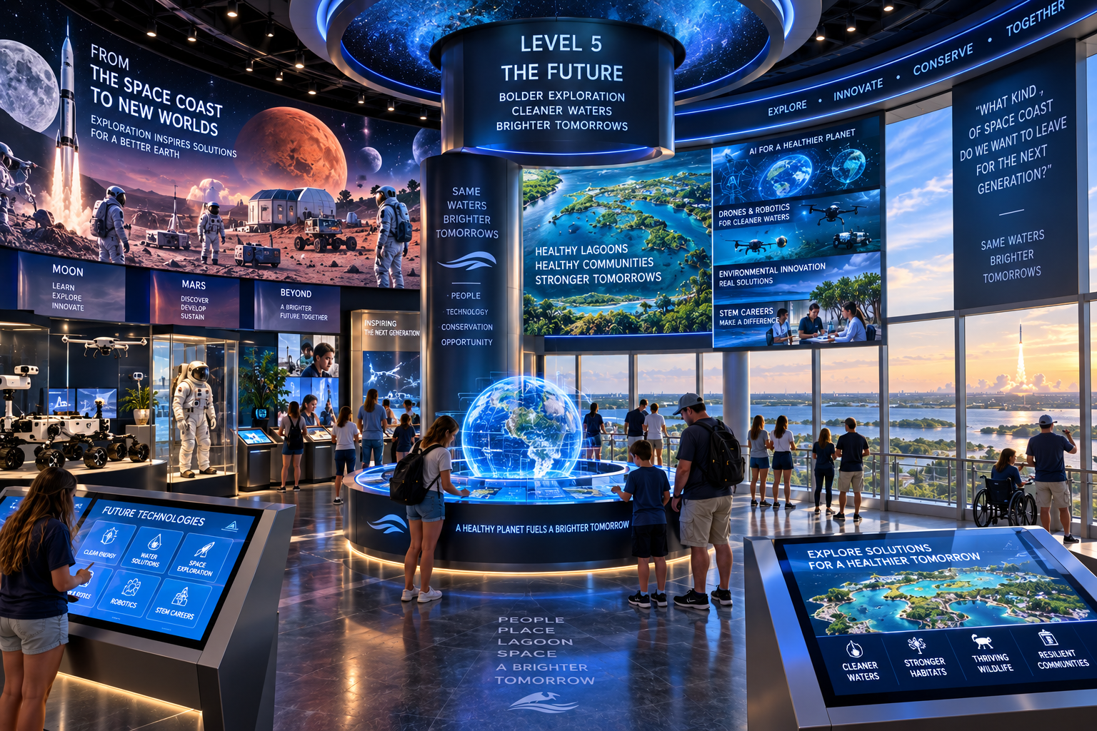 Level 5 'The Future' gallery with a 'From the Space Coast to New Worlds' curved wall display showing rocket launch, lunar and Martian scenes with Moon/Mars/Beyond tiles, an 'AI for a Healthier Planet' panel with drone and lagoon imagery, a glowing central holographic Earth globe on a 'A Healthy Planet Fuels a Brighter Tomorrow' pedestal, 'Future Technologies' and 'Explore Solutions' interactive kiosks, a central 'Level 5 — The Future' column, and panoramic windows with a distant rocket launch over the lagoon.