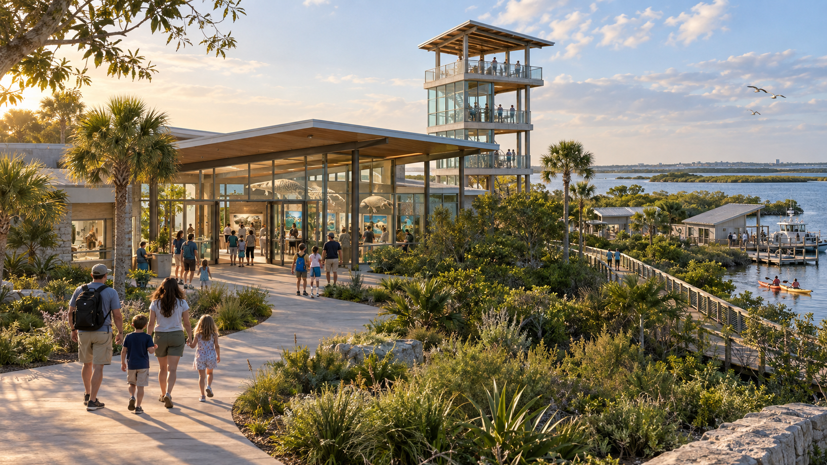Conceptual Conservation & Discovery Center campus at golden hour — a multi-story glass-and-wood building with an observation tower, native landscaping, boardwalk leading to a dock with a moored survey boat, and kayakers paddling along the mangrove-lined waterfront