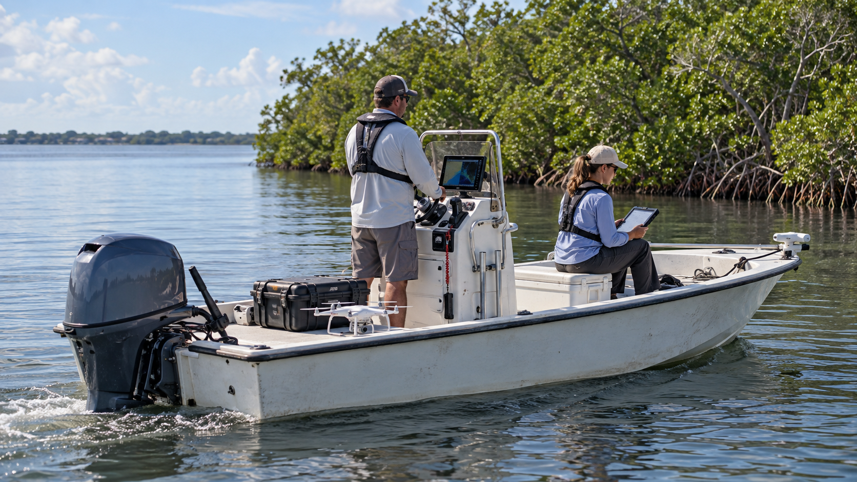 Project Lagoon field researchers conducting survey work from a center-console skiff in the Indian River Lagoon, with a drone and equipment case on deck near a mangrove shoreline