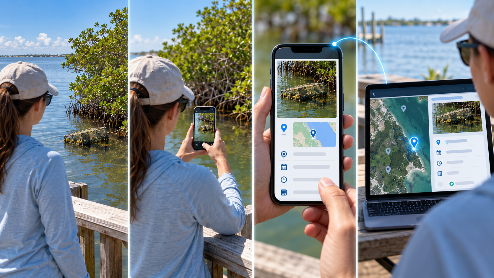 Four-panel workflow showing a submerged trap being located and logged — an observer spots the trap from a pier, photographs it with a smartphone, the report appears in a mobile app with photo, map pin, and details, then flows to a desktop map interface where the report is reviewed alongside other logged reports