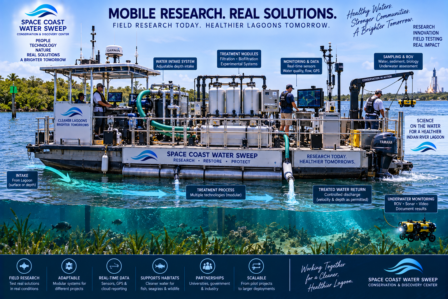 Mobile Research. Real Solutions. infographic titled 'Mobile Research. Real Solutions. — Field Research Today. Healthier Lagoons Tomorrow.' showing a pontoon research barge on the lagoon with callouts to its equipment (Water Intake System — adjustable depth intake, Treatment Modules — filtration/biofiltration/experimental systems, Monitoring & Data — real-time sensors for water quality/flow/GPS, Sampling & ROV — water/sediment/biology and underwater assessment), a process flow along the boat (Intake — From Lagoon surface or depth, Treatment Process — multiple modular technologies, Treated Water Return — controlled discharge velocity and depth as permitted), an underwater scene with submerged aquatic vegetation and an ROV labeled Underwater Monitoring — ROV/Sonar/Video to document results, and a footer with six pillars (Field Research — test real solutions in real conditions, Adaptable — modular systems for different projects, Real-Time Data — sensors/GPS/cloud reporting, Supports Habitats — cleaner water for fish/seagrass/wildlife, Partnerships — universities/government/industry, Scalable — from pilot projects to larger deployments).