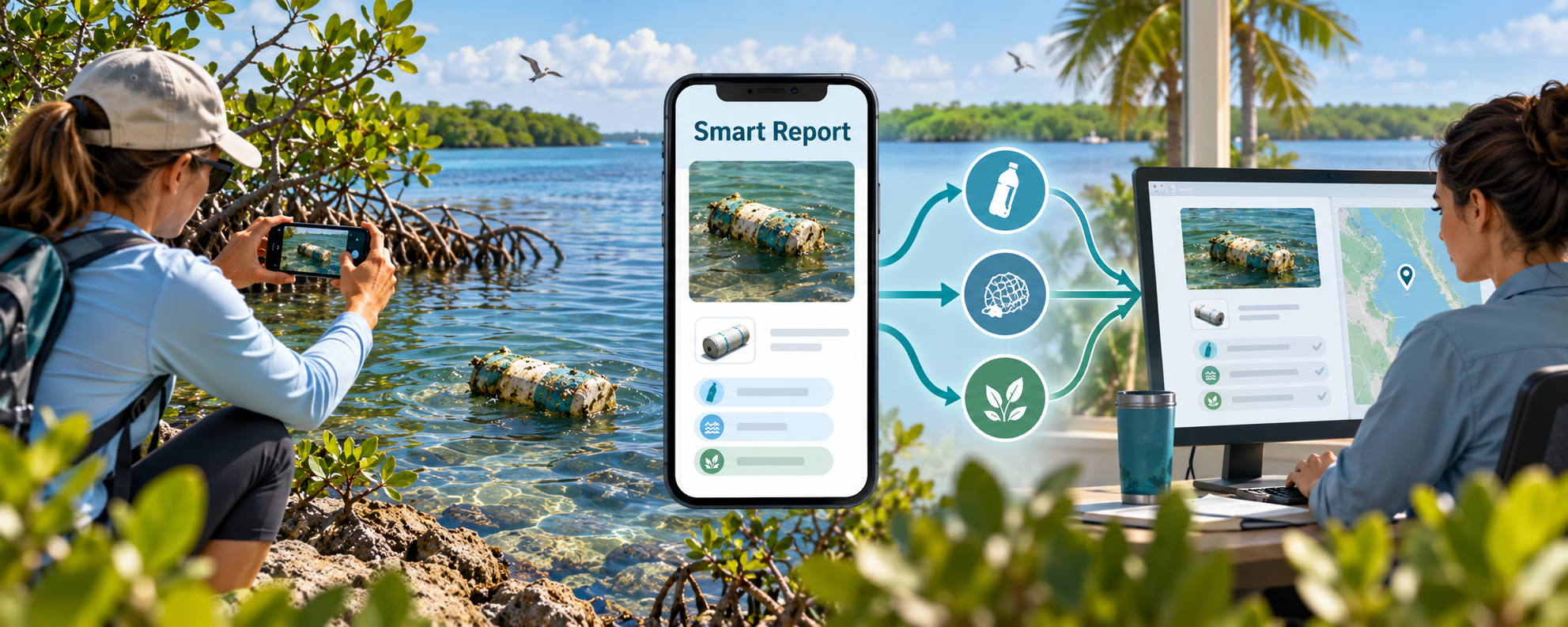 Illustrative Smart Report concept: a field observer photographs debris in the lagoon, the photo enters a smartphone Smart Report interface that offers identification and classification assistance across categories, and the observation is routed to the appropriate reporting pathway and review on an analyst's screen — showing how a single photograph can be guided toward the right report type. Not a technical AI diagram.