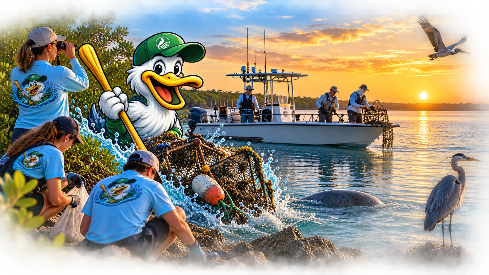 Discover SCWS — Guided Experience. SCWS volunteers, the Percy mascot, a conservation survey boat, wildlife, and a golden-hour lagoon sunset representing the full SCWS conservation story.