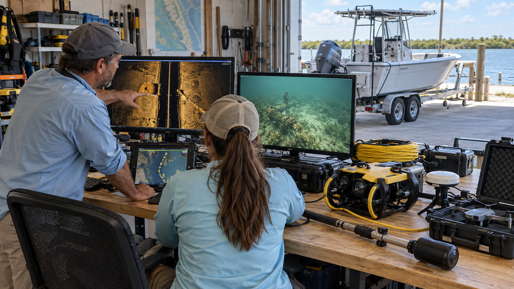 Two SCWS technicians at a workbench in an open-bay facility reviewing sonar imagery and ROV camera feeds on dual monitors while a tablet displays a GPS survey track, with ROV unit, drone case, and cable gear visible and the survey boat on its trailer outside