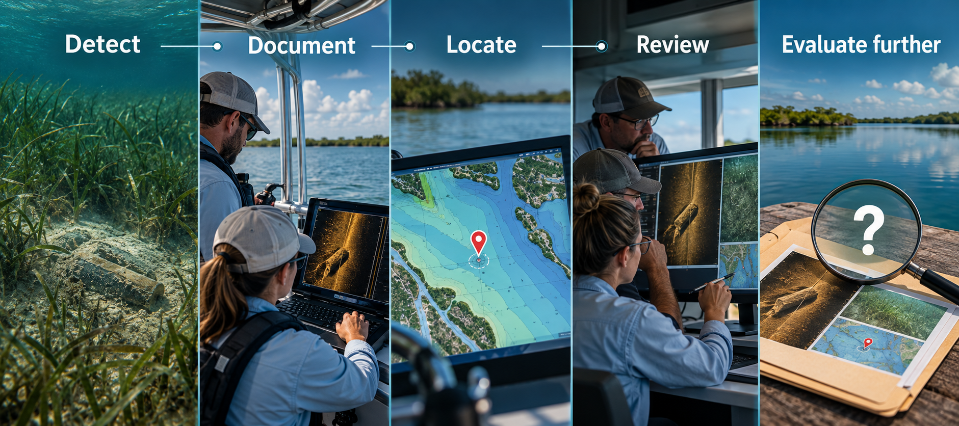Bringing the chapter together: Something detected beneath the water → Document it → Locate it → Review what we know → Determine what needs further evaluation. The flow STOPS there — it does not proceed directly to removal. Discovery is the beginning, not the decision.